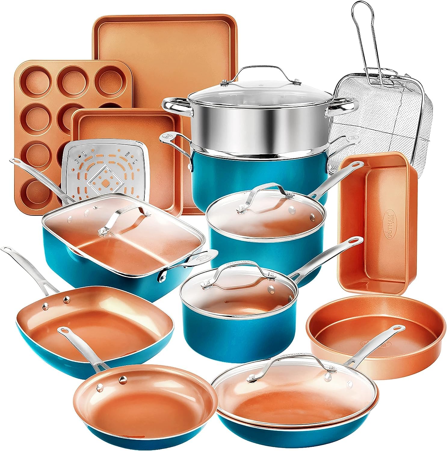 Premium 20-Piece GOTHAM STEEL Copper Cookware & Bakeware Set - Nonstick, Oven/Dishwasher Safe, Non-Toxic Turquoise Pots & Pans for Professional & Home Cooking | Perfect for Baking, Frying, Sautéing & Family Meals