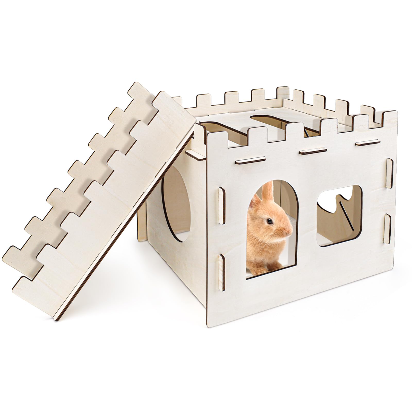 Wooden Rabbit Hideout Castle with Stairs - Indoor Rabbit House for Small Pets Like Guinea Pigs & Chinchillas - Perfect for Playtime, Resting & Cage Enrichment