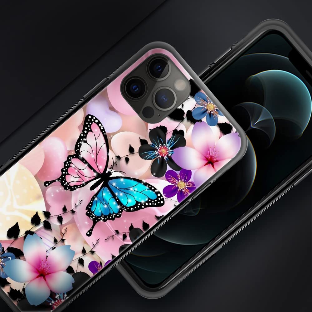 iPhone 12 Pro Max Case 6.7 Inch - Pink Blue Butterfly Pattern Design, Hard PC Back with Soft TPU Bumper, Non-Slip Protective Phone Cover for Women | Perfect for Everyday Use, Work & Travel