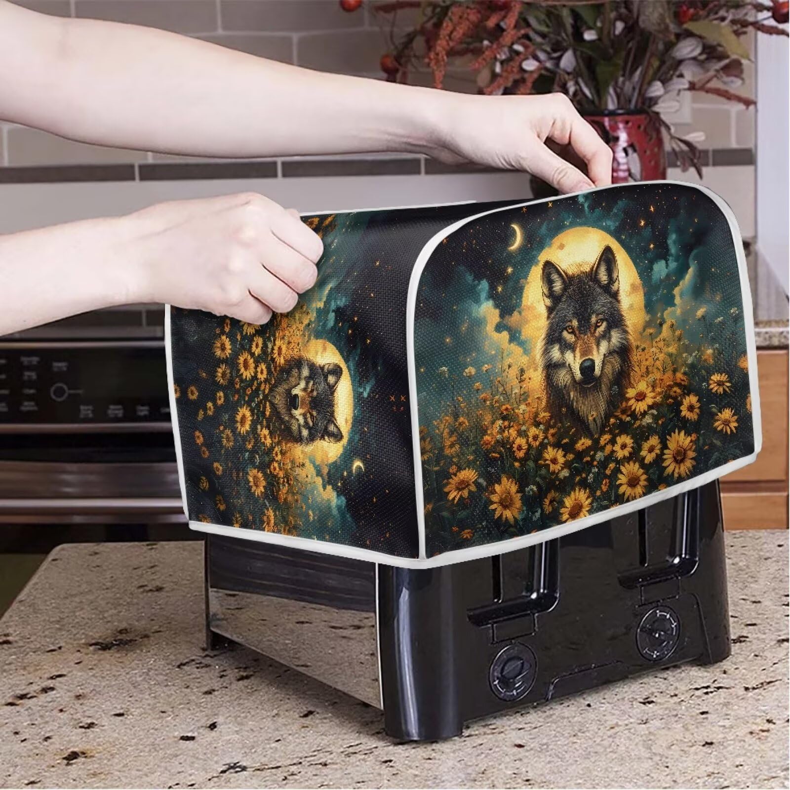Xoenoiee Wolf Sunflower Moon Galaxy Print 4-Slice Toaster Cover, Bread Maker Cover, Small Kitchen Appliance Protector – Perfect for Toaster Ovens, Coffee Makers & Countertop Decor