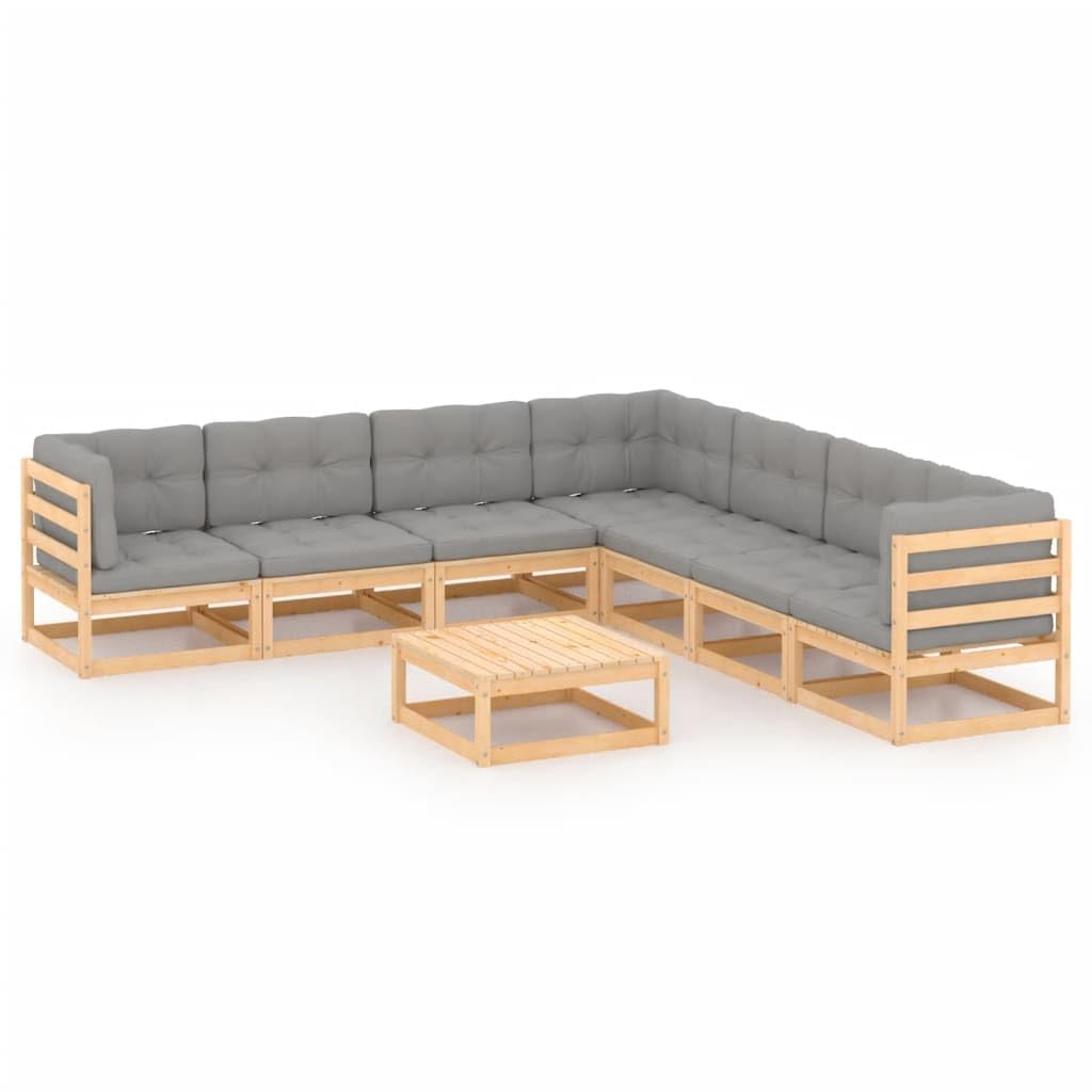 vidaXL 8-Piece Patio Lounge Set with Cushions - Solid Pinewood Outdoor Furniture in Grey & Brown - Perfect for Backyard, Garden, and Poolside Relaxation