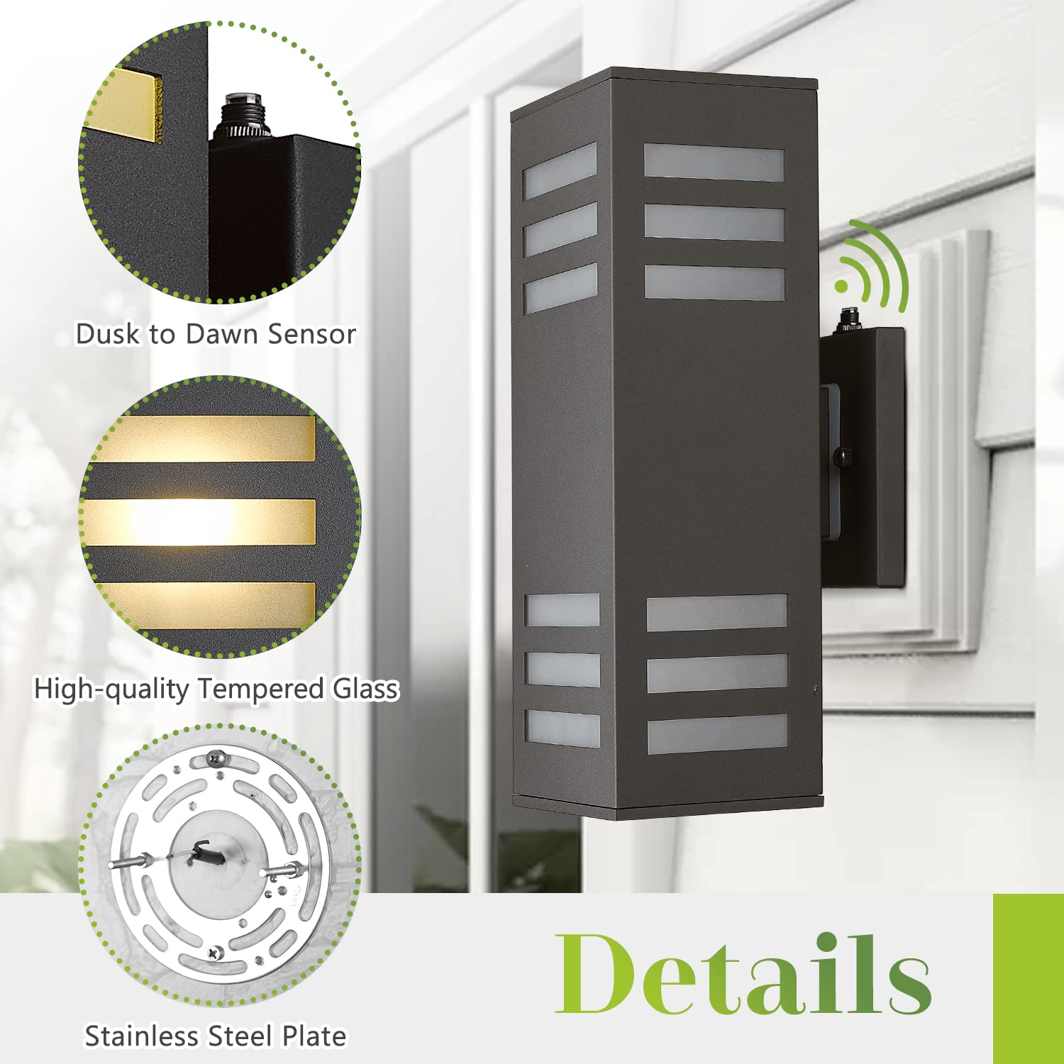 2 Pack Outdoor Wall Lights - Dusk to Dawn Waterproof Black Modern Sconce, 13