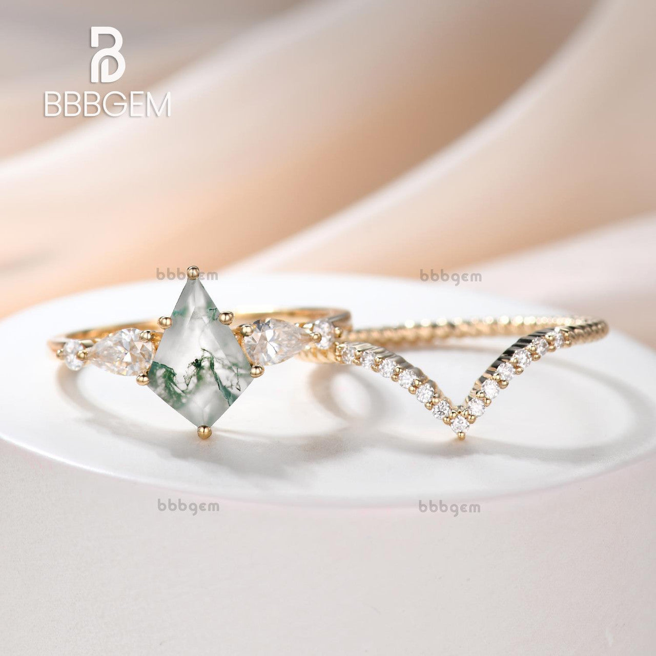 Women's Geometric Green Moss Agate Ring Set - Kite Lozenge White Gold Plated Jewelry for Wedding, Anniversary & Special Occasions