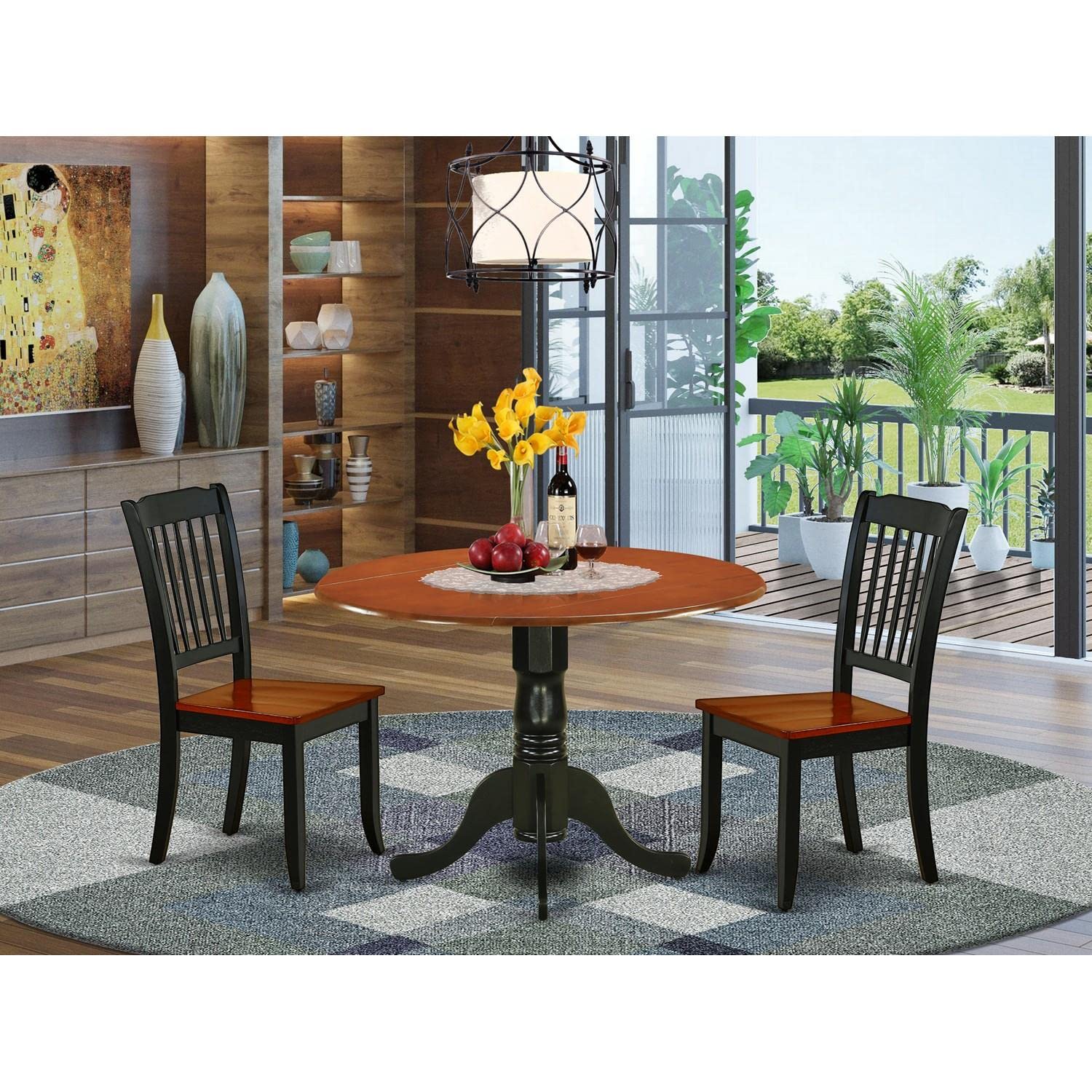 East West Furniture DLDA3-BCH-W 3-Piece Round Dining Table Set with Drop Leaf and 2 Chairs, 42x42 Inch, Black & Cherry Finish - Perfect for Small Kitchens, Breakfast Nooks & Compact Dining Spaces