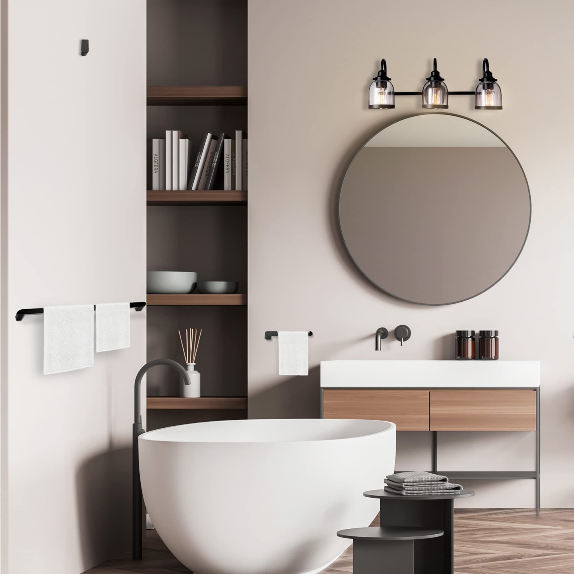 Globe Electric 52064 Devonport 5-Piece Bathroom Set - Matte Black Finish with 3-Light Vanity, Clear Glass Shades, Towel Bar, Ring, Robe Hook & Toilet Paper Holder | Modern Bathroom Lighting & Accessories for Home Renovation & Spa-Style Decor