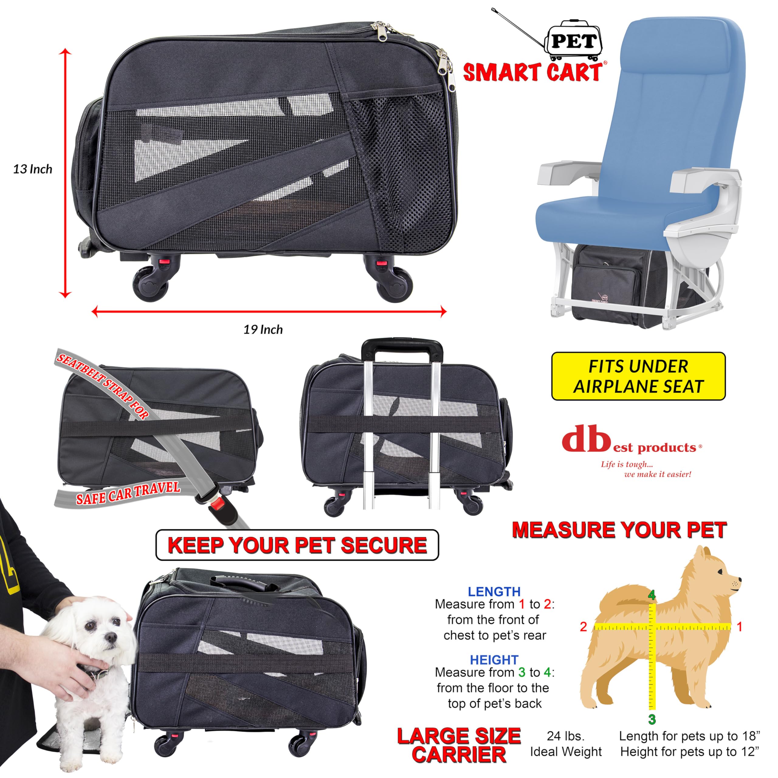 Dbest Pet Smart Cart - Medium Black Collapsible Rolling Carrier with Wheels | Soft-Sided Folding Travel Bag for Dogs & Cats | Airline Approved Pet Tote Luggage & Backpack | Perfect for Travel, Vet Visits & Outdoor Adventures