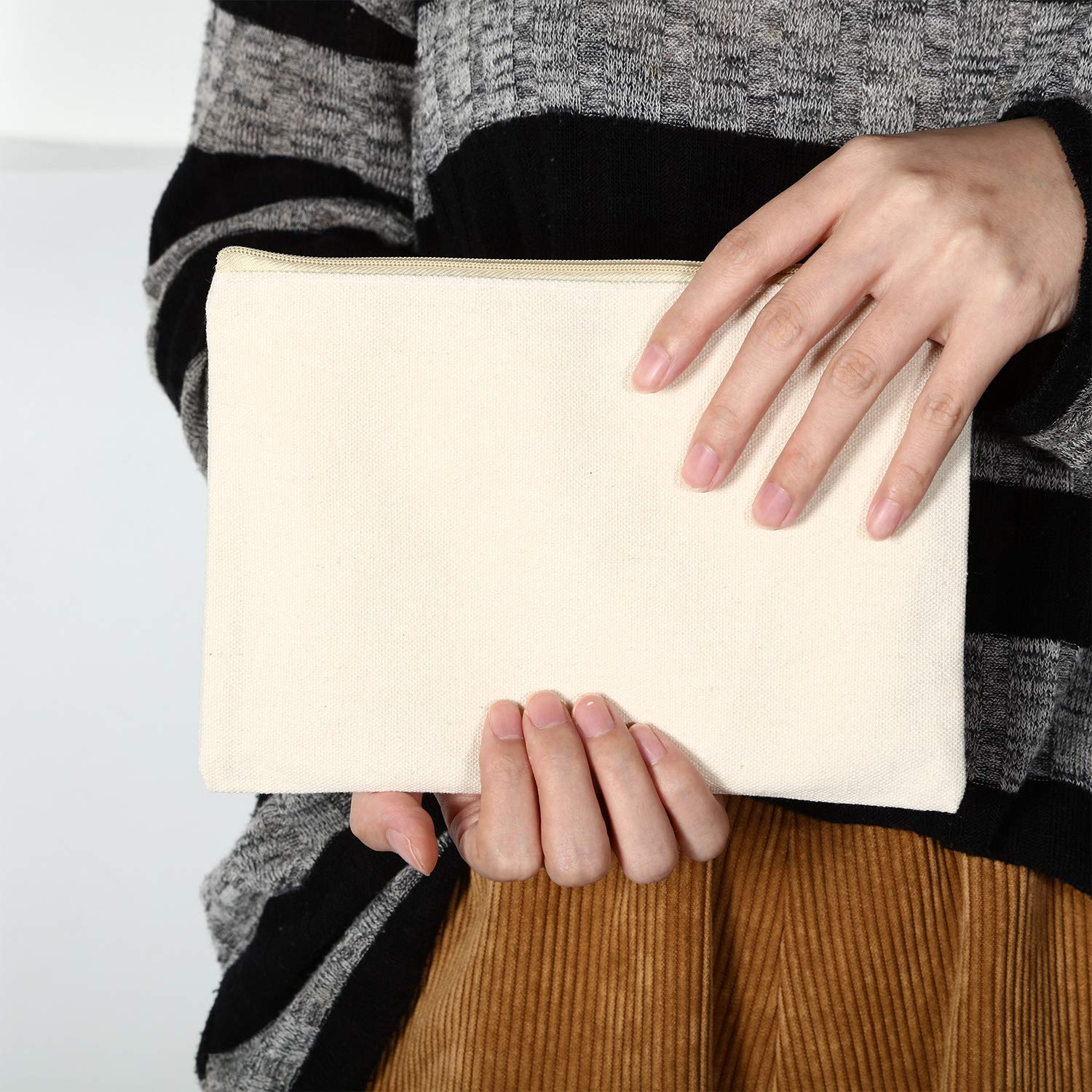 10pc Canvas Makeup Pouch with Zipper - Travel Toiletry Bag for Cosmetics & DIY Crafts (Beige/Black)
