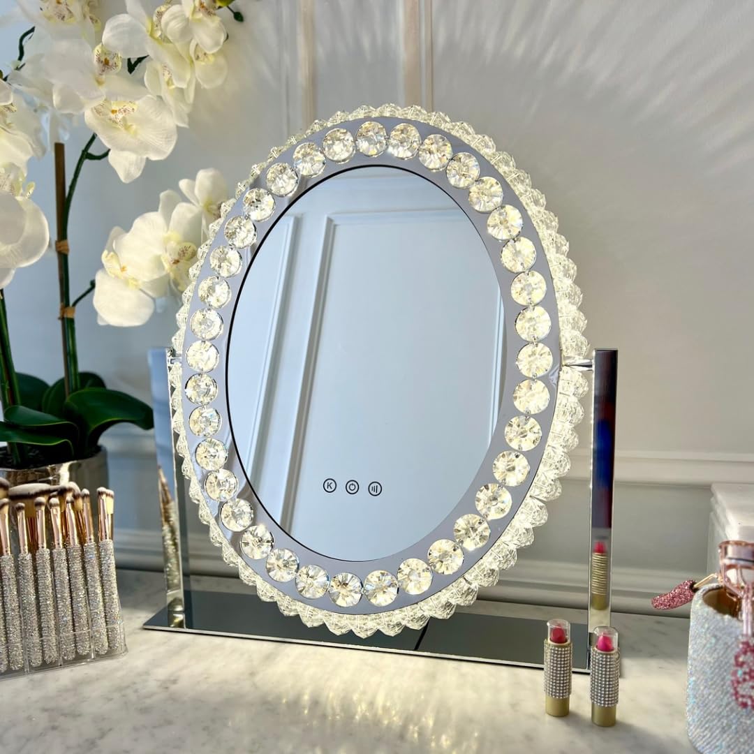 Oval LED Vanity Mirror with Crystal Accents - Illuminated Makeup Mirror with Adjustable Brightness for Perfect Makeup Application at Home or Salon