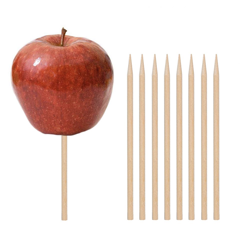 Natural Wooden Candy Apple Skewer Sticks - 6mm x 5.25 Inch Semi-Pointed BBQ Sticks for Caramel Apples, Cotton Candy, Rock Candy, Lollipops & Corn Dogs - Perfect for Halloween Treats, Party Snacks & Summer Barbecues
