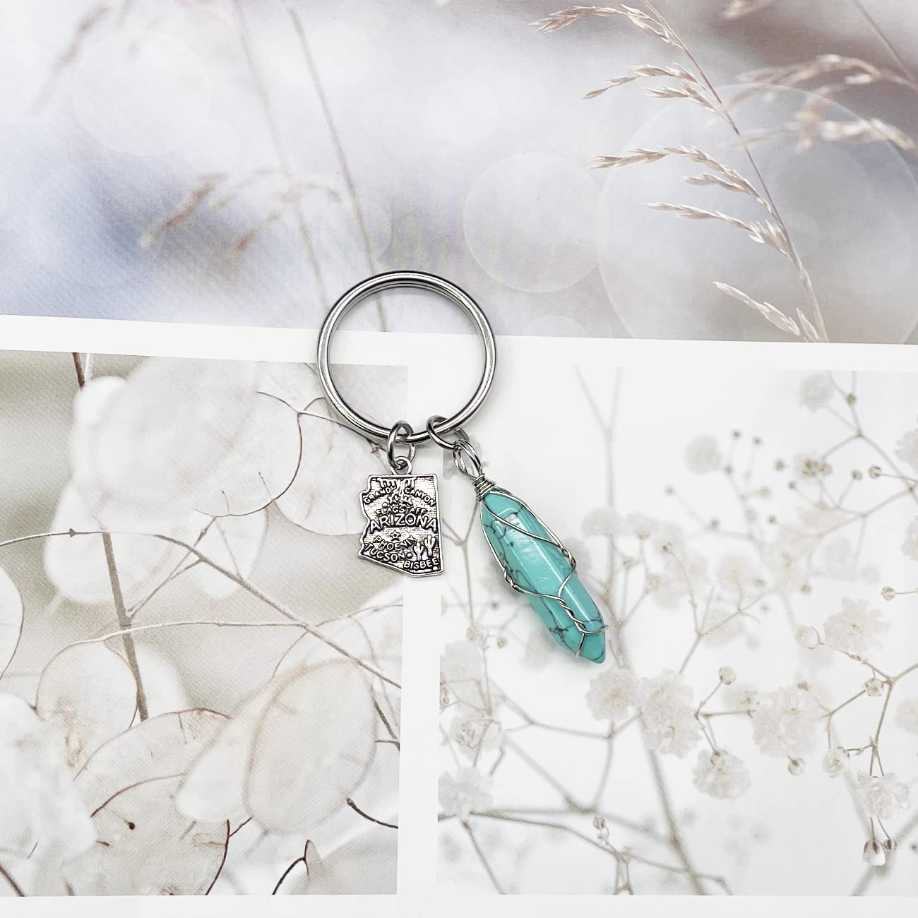 Natural Blue Turquoise Healing Crystal Keychain - US Map Design with State Crystal Stone - Miss You Love Keyring for Gifts, Travel & Spiritual Healing