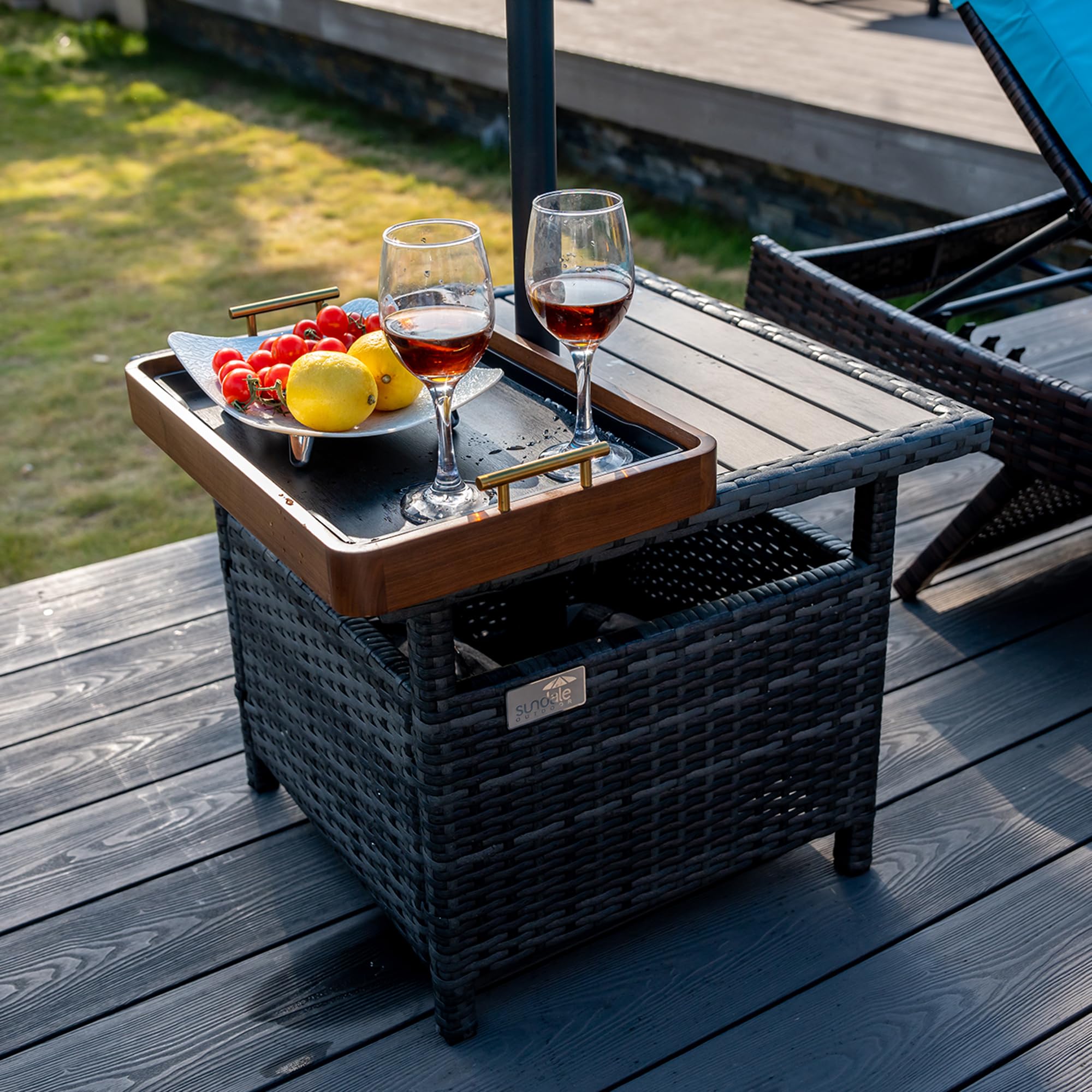 Heavy Duty Sundale Outdoor Umbrella Stand with 2 Weight Bags - 22 Inch All-Weather Wicker Side Table with Umbrella Hole - Sturdy Rattan Base for Patio, Deck, Yard, Poolside & Porch (Charcoal Gray) | Perfect for Outdoor Entertaining & Relaxation