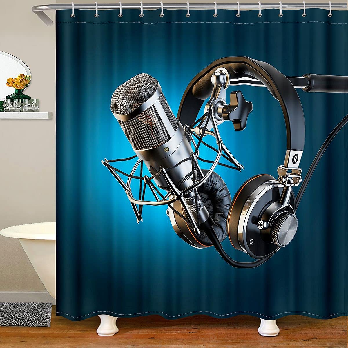 Erosebridal 3D Music Theme Microphone Headset Shower Curtain for Kids, Teens & Adults - 72x78 Inch Black & Blue Bathroom Decor - Perfect for Singing in the Shower & Music Lovers' Bathroom