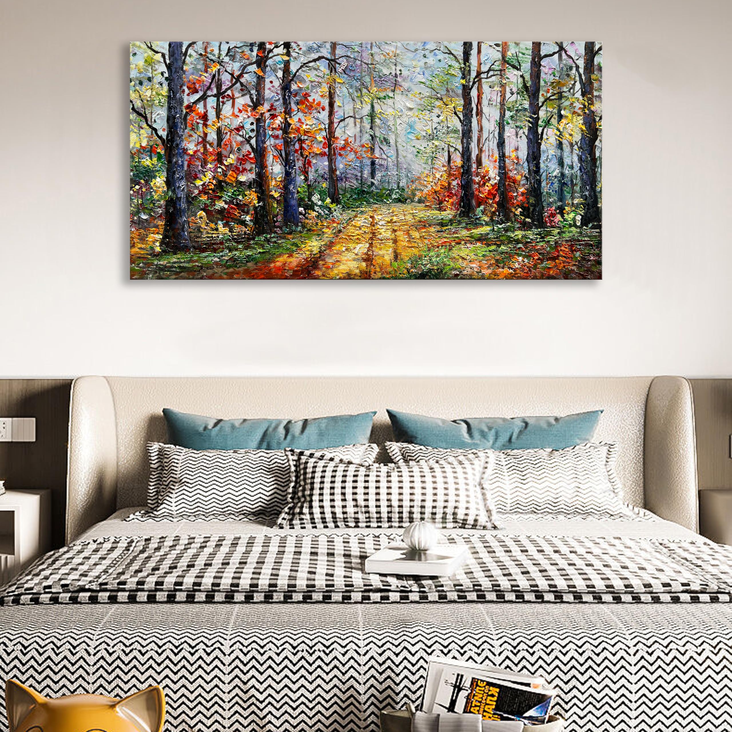 Modern Abstract Art Forest Landscape Oil Painting - 24x48 Inches Wall Decor for Living Room, Bedroom & Office - Handmade Canvas Artwork for Home & Office Decoration