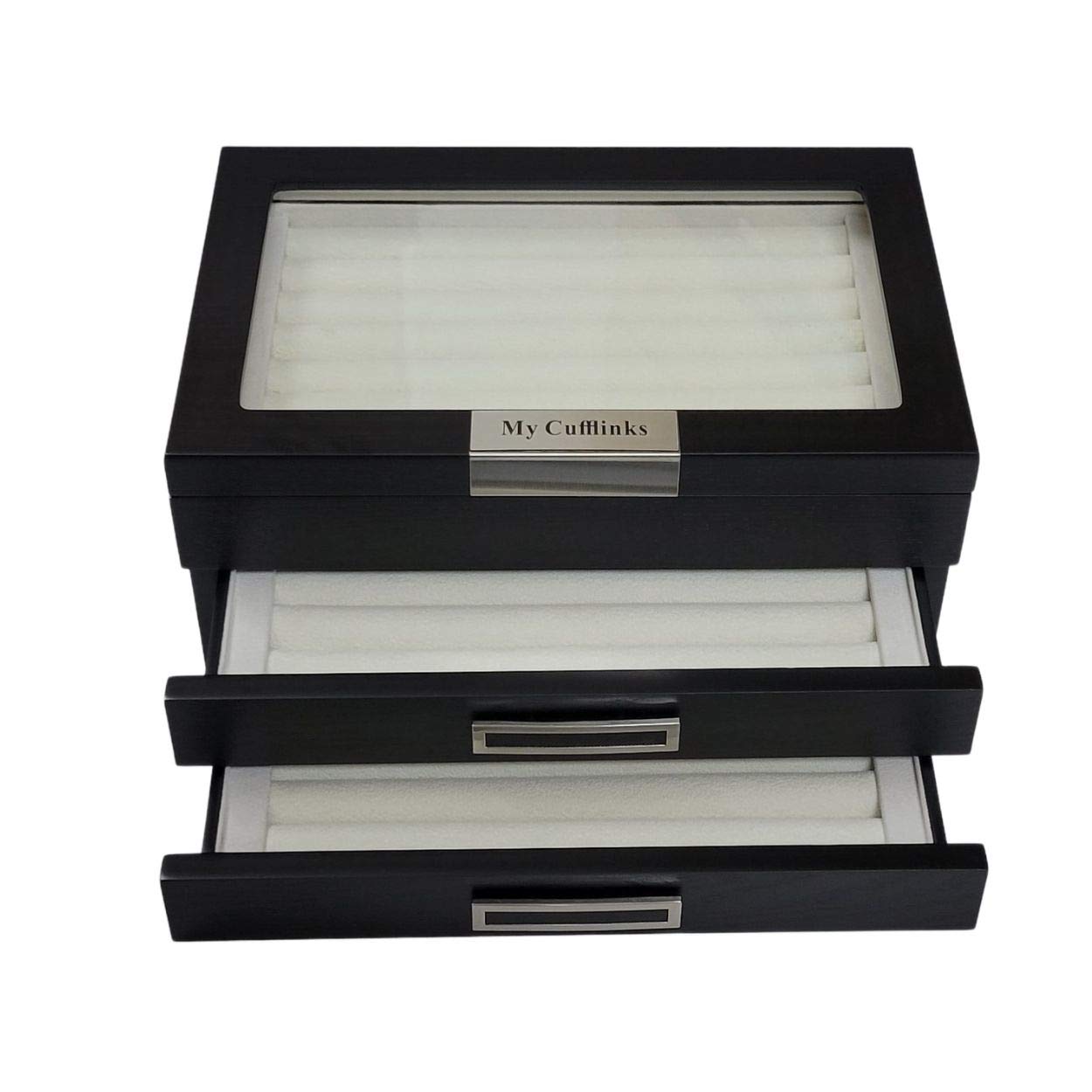 Personalized Black Ebony Wood Cufflink Case & Ring Storage Organizer - Stainless Steel Engravable Jewelry Box for Men - Holds 108 Cufflinks - Perfect Gift for Weddings, Anniversaries & Formal Events