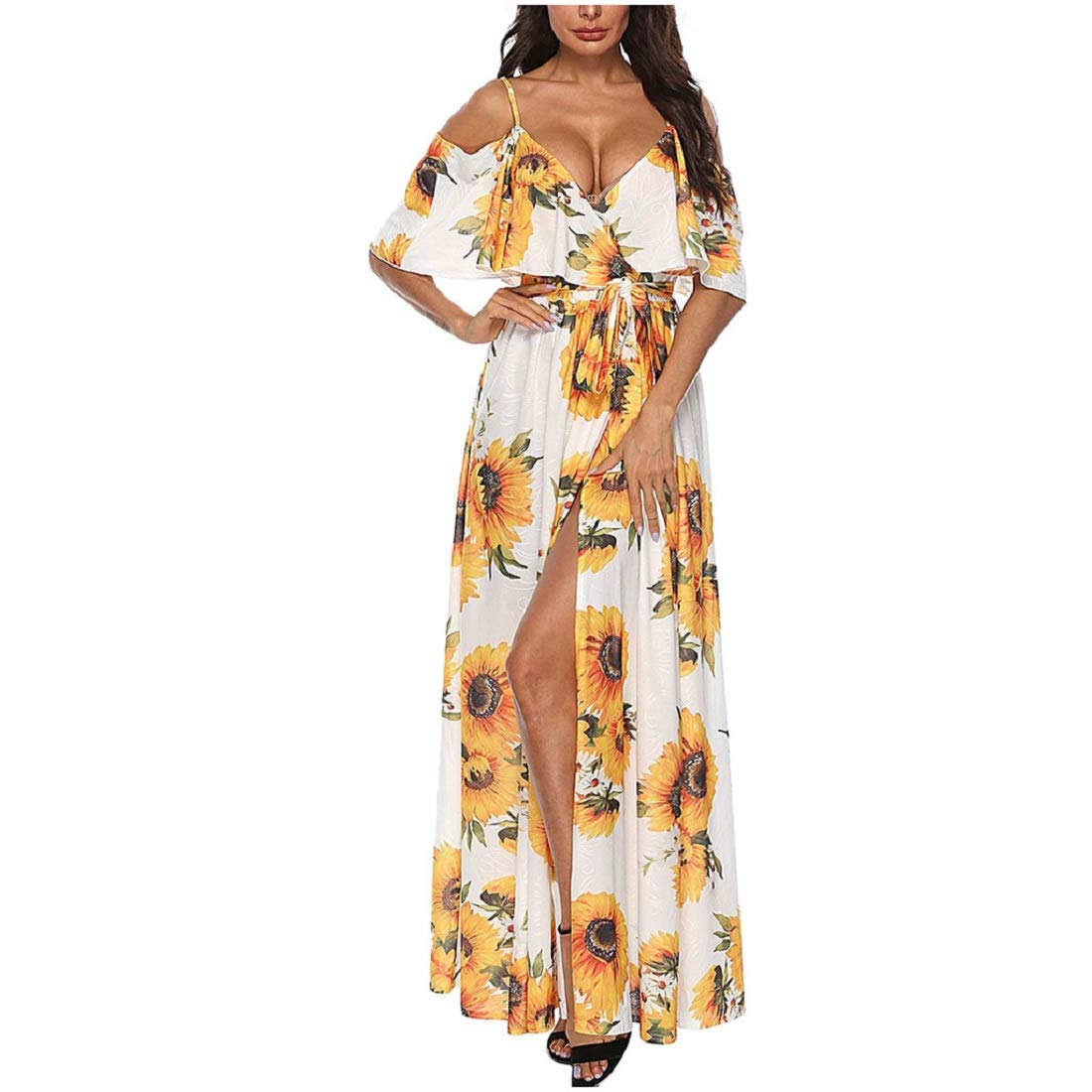 AIHIHE Women's Summer Spaghetti Strap Sundress - Casual Floral Maxi Dress with Belt, Backless Swing Design (White, Large) | Perfect for Beach Vacations, Date Nights & Summer Outings