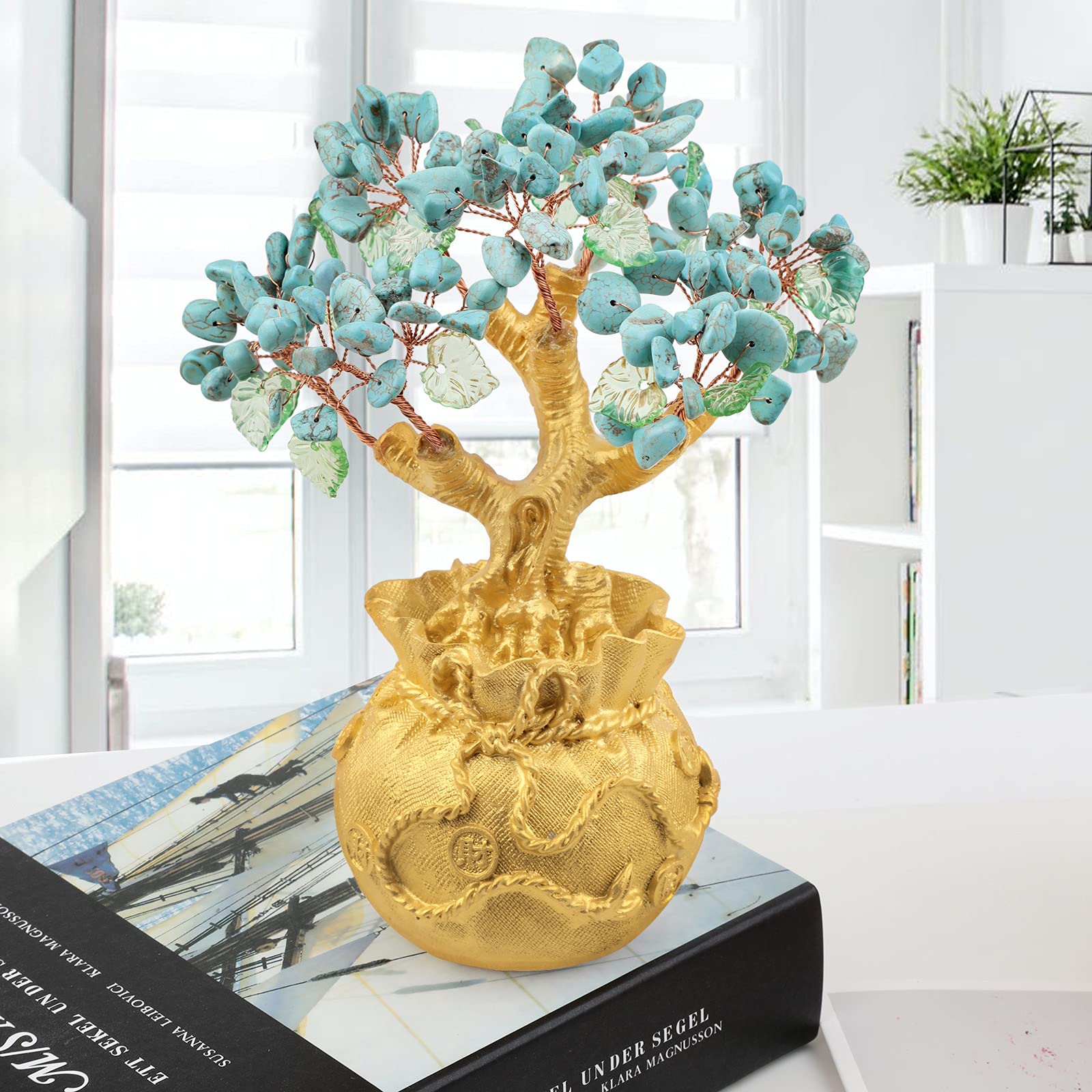 RockCloud Crystal Money Tree with Golden Money Bag - Feng Shui Wealth & Luck Bonsai for Home Office Decor - Howlite Turquoise Stone - Perfect for Desk Decor, Housewarming Gift & Positive Energy Boost