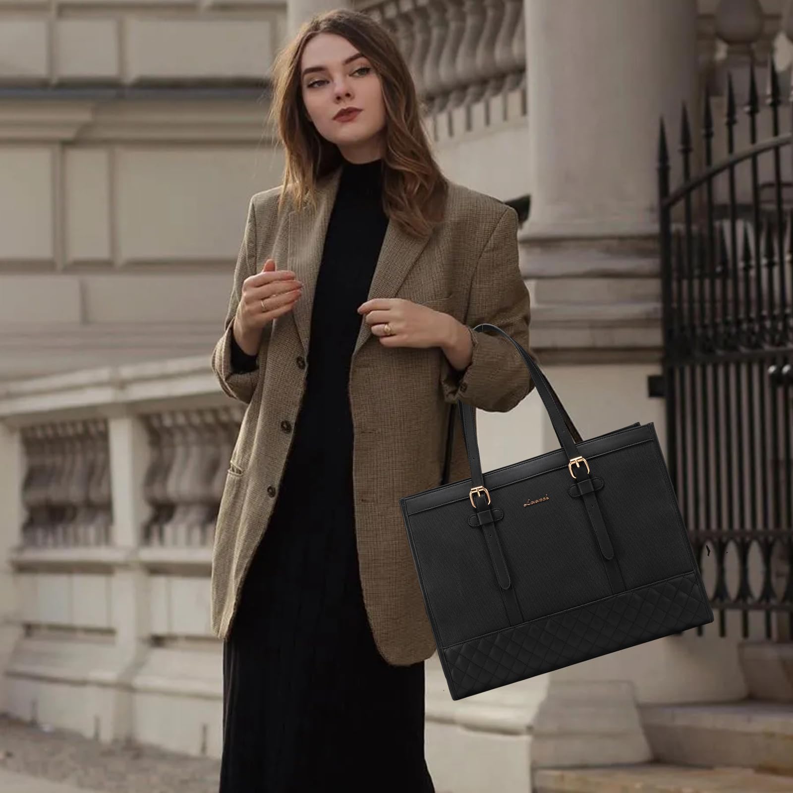 LOVEVOOK 15.6 Inch Women's Canvas Laptop Tote Bag - Large Capacity Work Bag with Clutch Purse, Business Briefcase & Travel Handbag for Office, College, School | Perfect for Work Commute, Business Trips & Campus Life