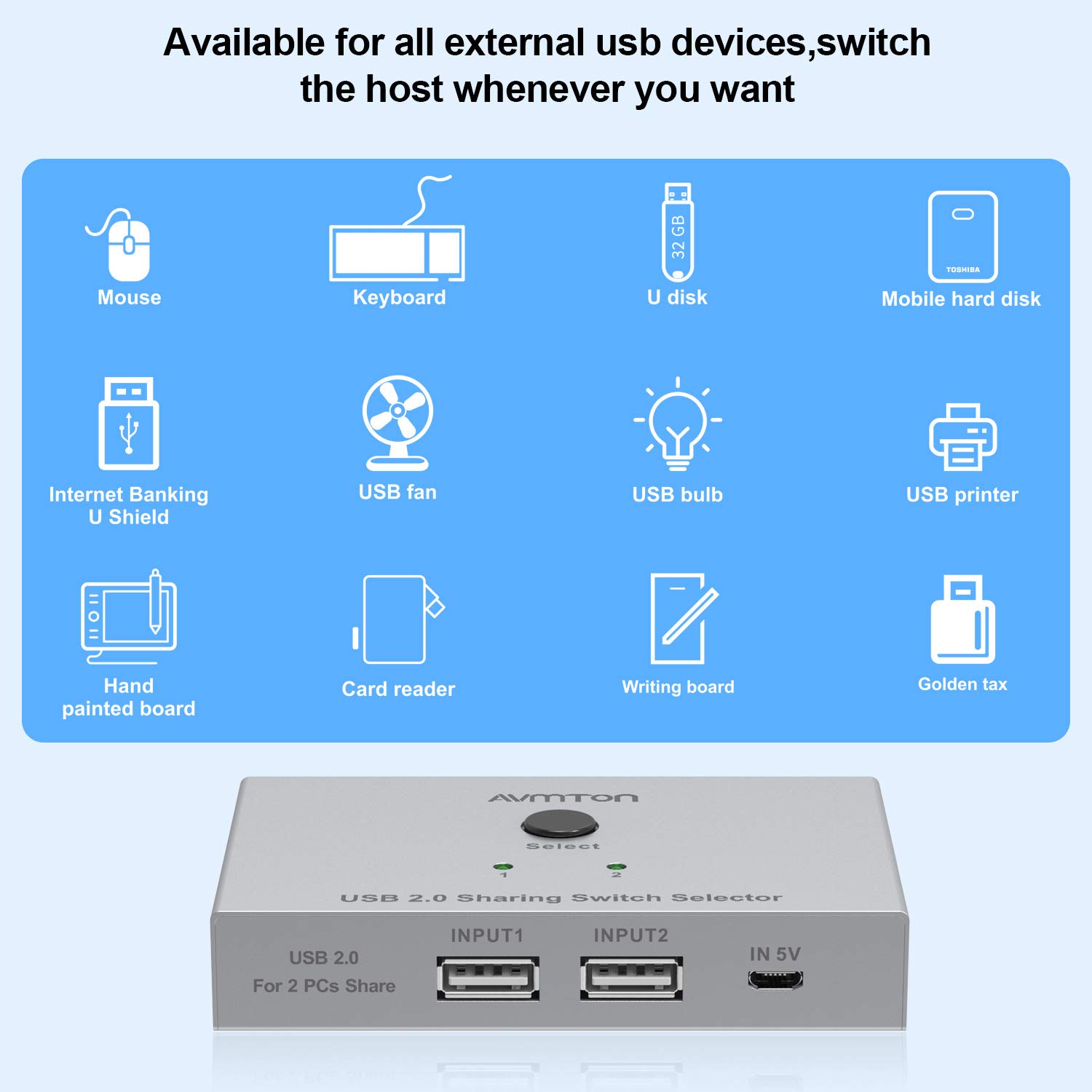 AVMTON 4-Port USB KVM Switch 2.0 - Metal USB Hub for 2 Computers, Share Printers, Scanners, Keyboards & External Drives | Perfect for Home Office & Multi-Device Workspace Setup