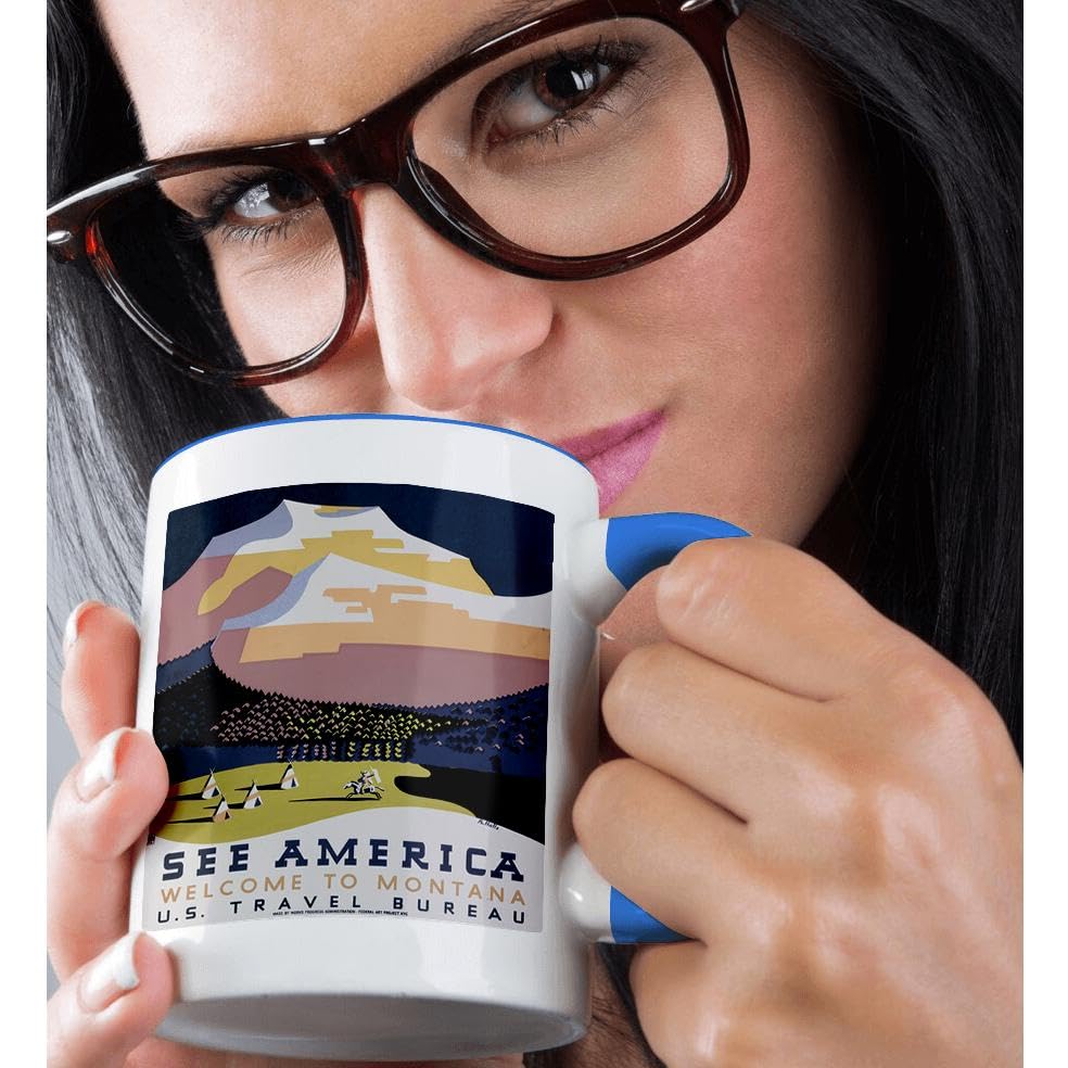 11oz Funny Coffee Mug with Vintage WPA Poster Design - See America Welcome to Montana US Travel Bureau & Mountain BLN Collection - Perfect Gift for Coffee Lovers & Office Use