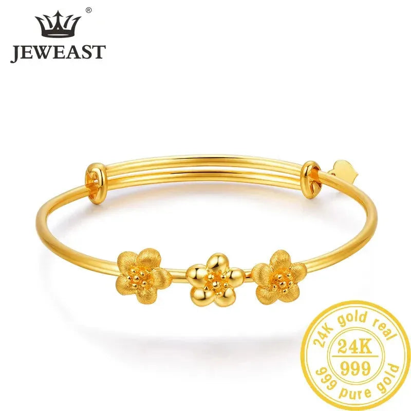 24K Pure Gold Bracelet for Women - 999 Solid Gold Bangle with Floral Design - Elegant & Romantic Jewelry Gift for Anniversary, Valentine's Day & Special Occasions - 2023 Trendy Gold Bracelet for Daily Wear & Formal Events