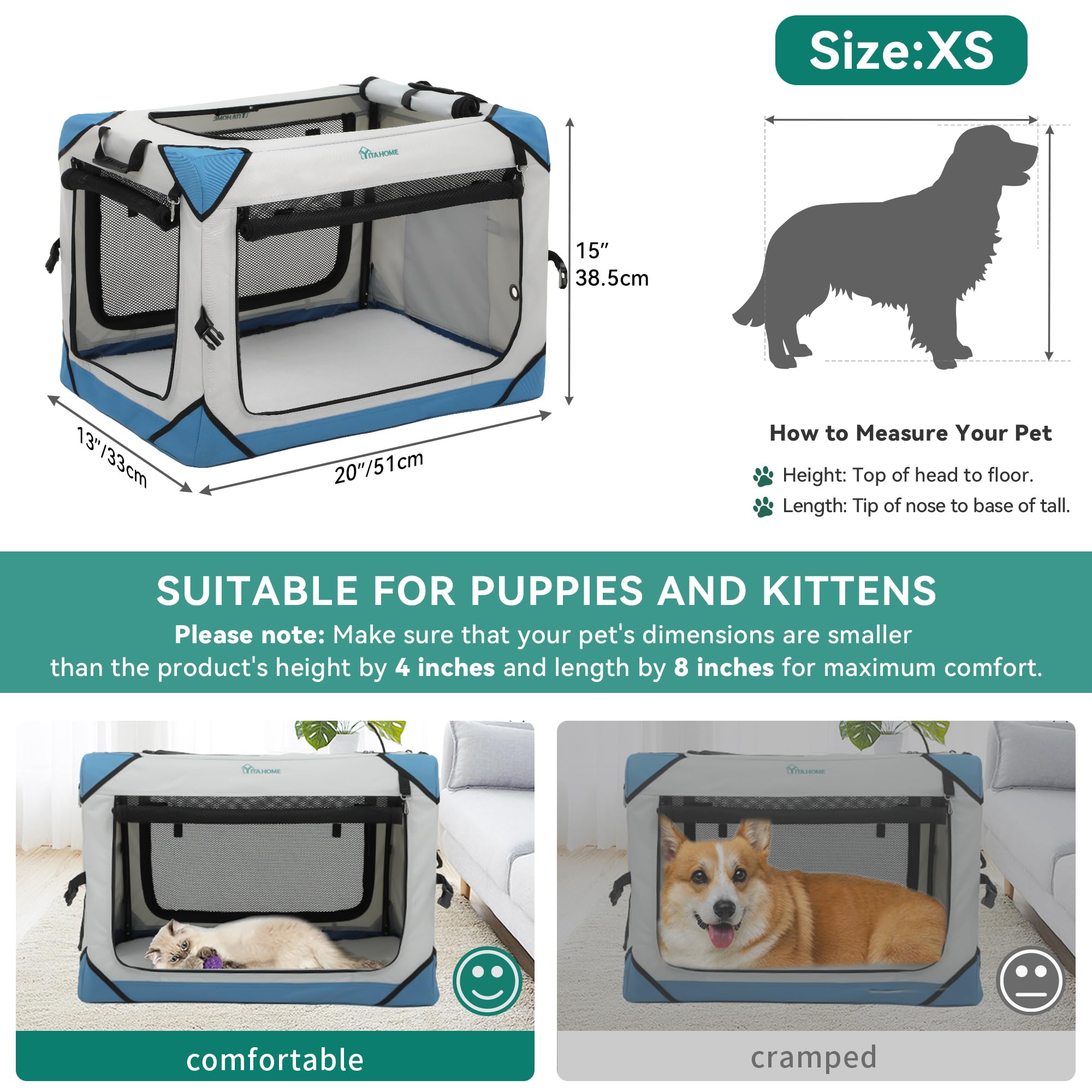 YITAHOME 4-Door Collapsible Dog Crate - Portable Travel Pet Kennel with Breathable Mesh Windows & Soft Mat - Foldable Soft Dog Cage for Indoor Outdoor Use (20