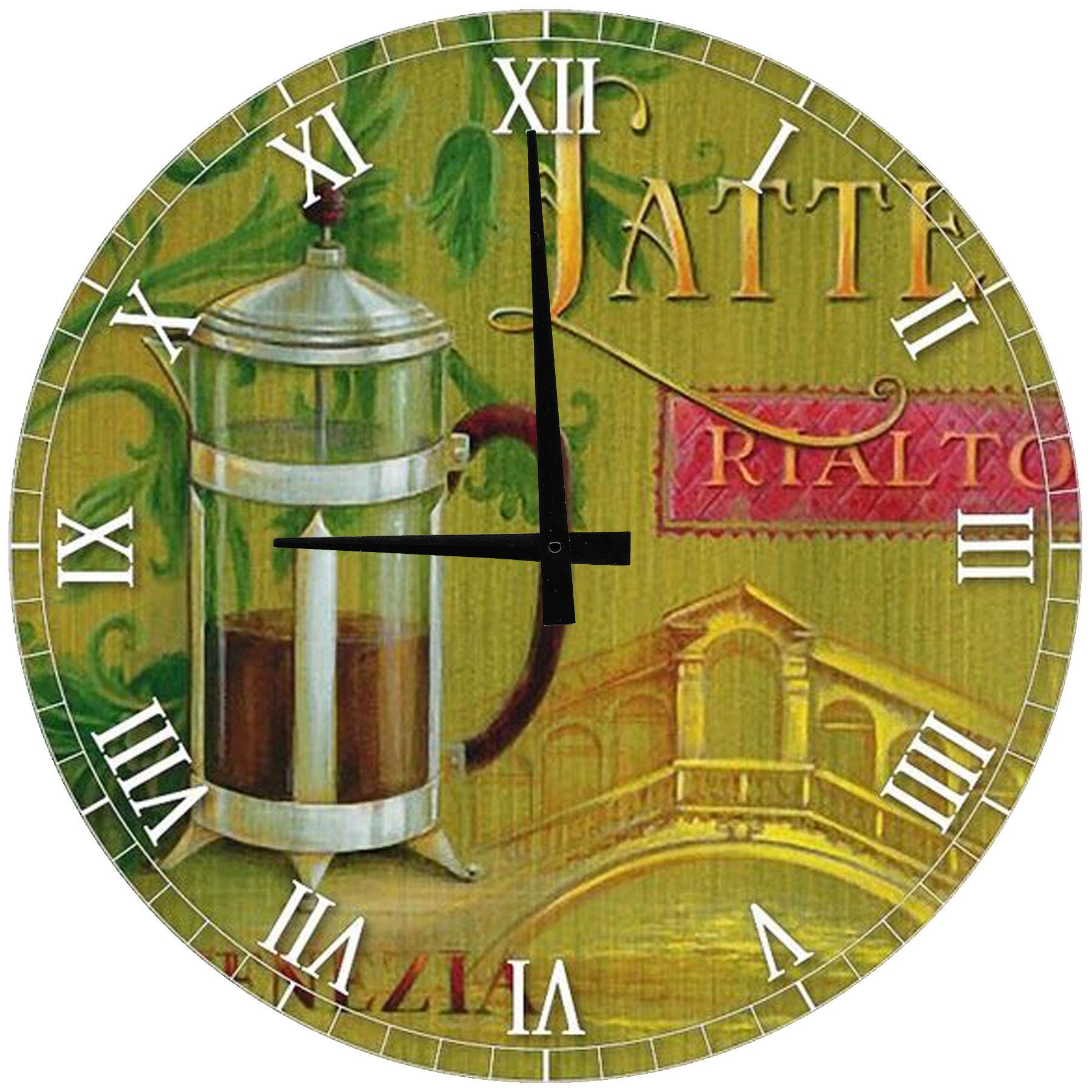 18 Inch Green and Gold Wood Wall Clock - Large Round Rustic Wall Decor for Living Room, Kitchen, Office | Vintage Coffee Press Design - Perfect Home & Office Decoration