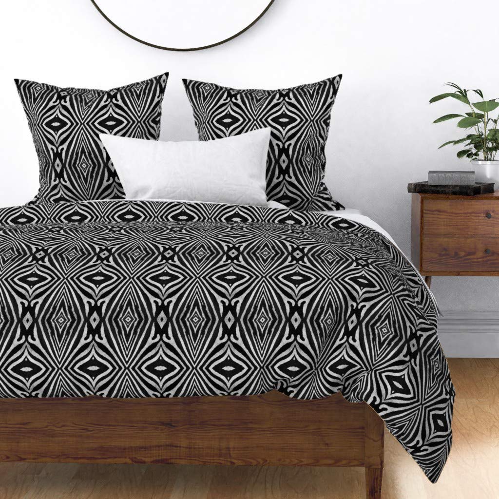 Premium Cotton Sateen Duvet Cover King/California King - Black & White Zebra Print with Abstract Safari Stripes & Exotic Diamond Pattern | Luxury Custom Bedding for Modern Bedroom Decor