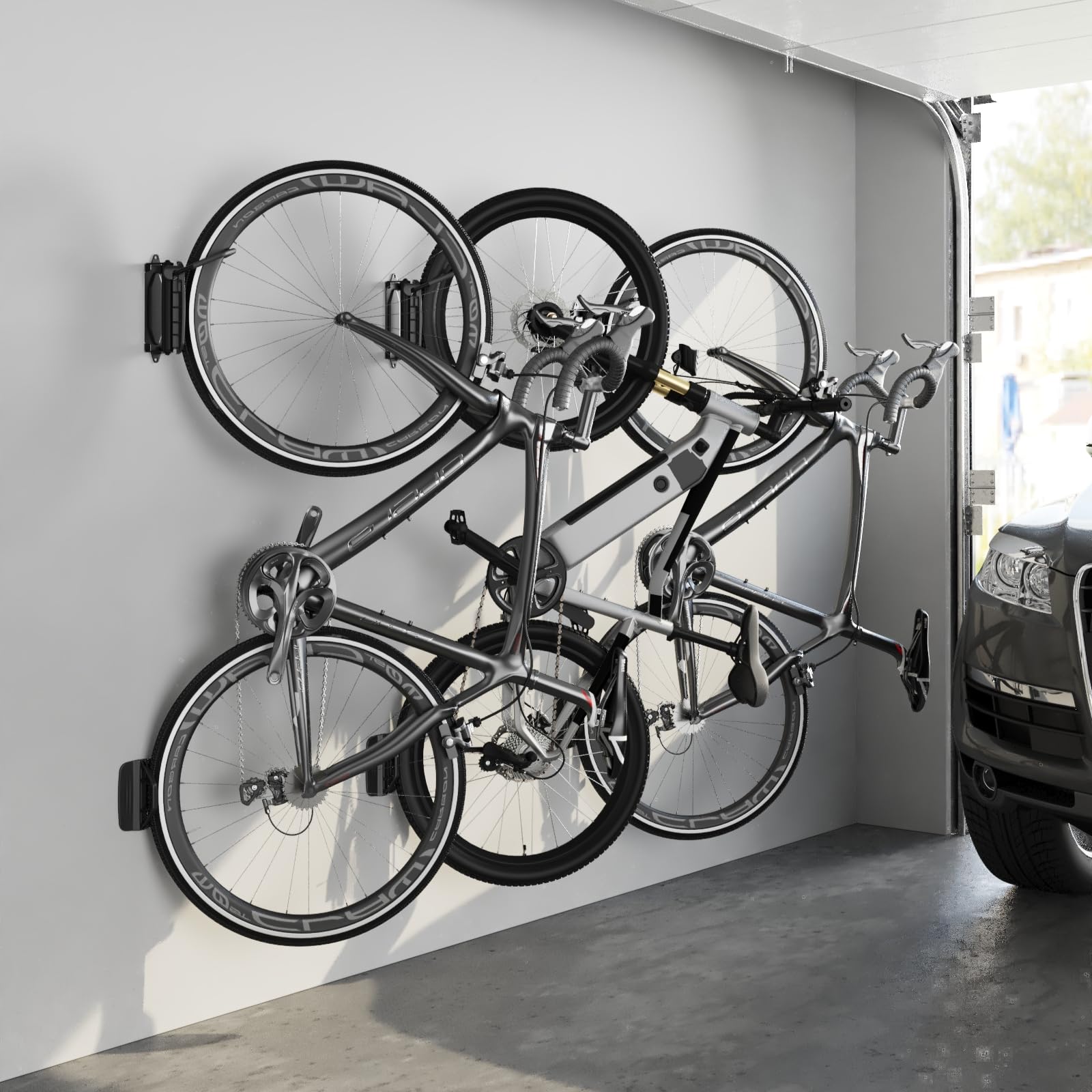 monTEK Swivel Bike Wall Mount - Heavy Duty Vertical Bike Rack for Garage Storage (Holds 66lbs, 4 Pack) - Space Saving Solution for Bikes, Scooters & Sports Equipment - Perfect for Small Apartments, Garages & Indoor Cycling Spaces
