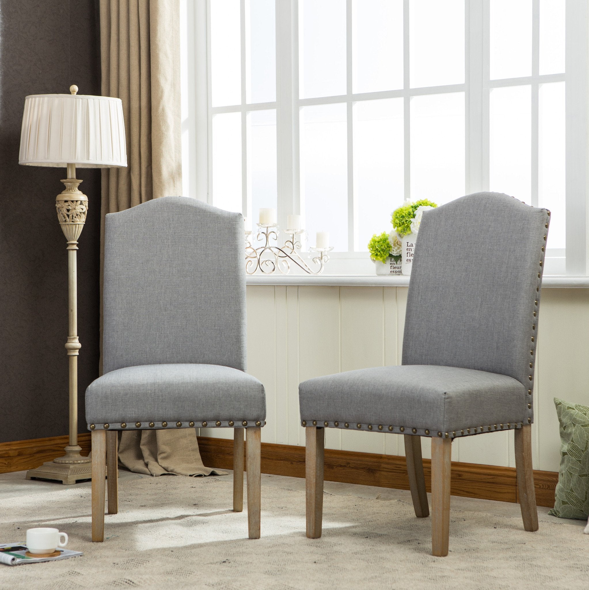 Roundhill Furniture Mod Urban Style Solid Wood Nailhead Fabric Padded Parson Chairs (Set of 2, Grey) - Perfect for Dining Room, Kitchen, Office or Home Decor