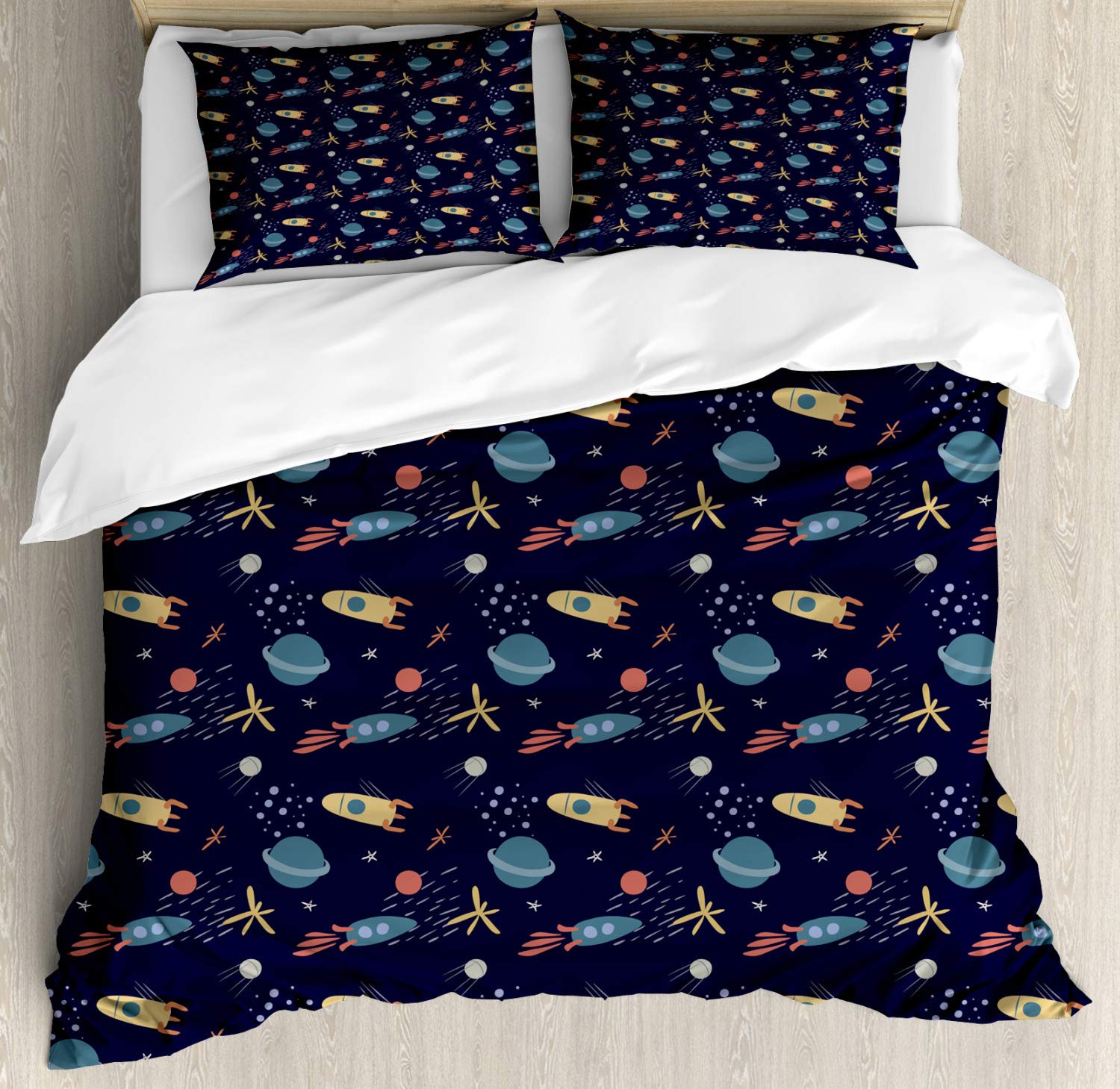 Ambesonne Alien Duvet Cover Set - Stars, Rockets & Planets Space Theme 3-Piece King Size Bedding with Pillow Shams | Soft Dark Violet Blue & Tan Color | Perfect for Sci-Fi Lovers' Bedroom Decor & Space-Themed Kids Rooms