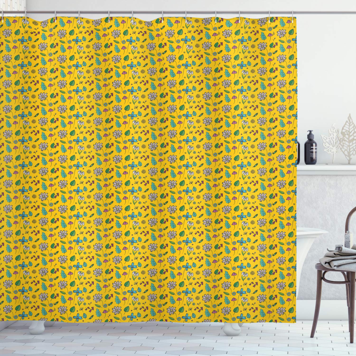 Ambesonne Spring Shower Curtain - Botanical Leaves & Flowers Design, Nature Inspired Bathroom Decor Set with Hooks, 69