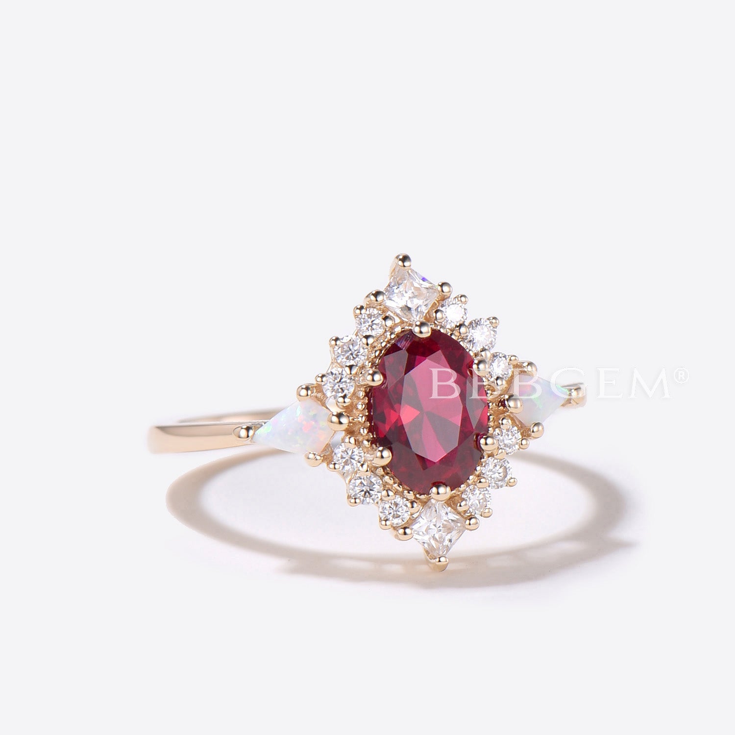 Stunning Halo Oval Ruby Engagement Ring with Moissanite & Diamond Accents – Perfect for Proposals, Anniversaries & Special Occasions