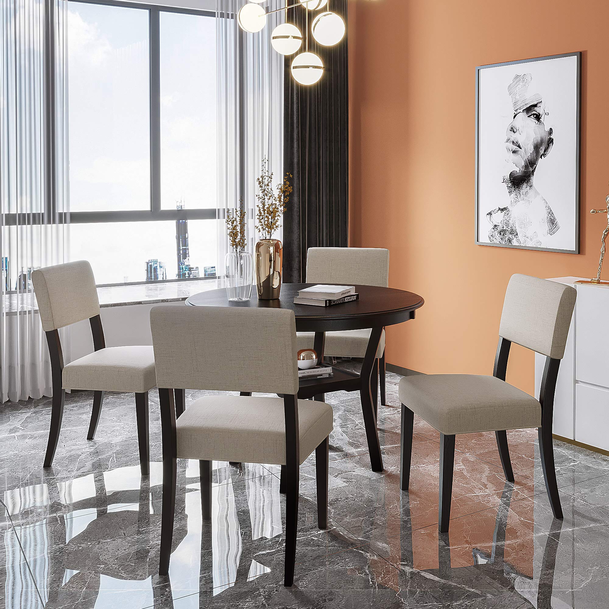 **Merax 5-Piece Farmhouse Dining Table Set with 4 Upholstered Chairs & Storage Shelf - Espresso Finish for Kitchen, Dining Room, Small Spaces | Perfect for Family Meals & Entertaining Guests**