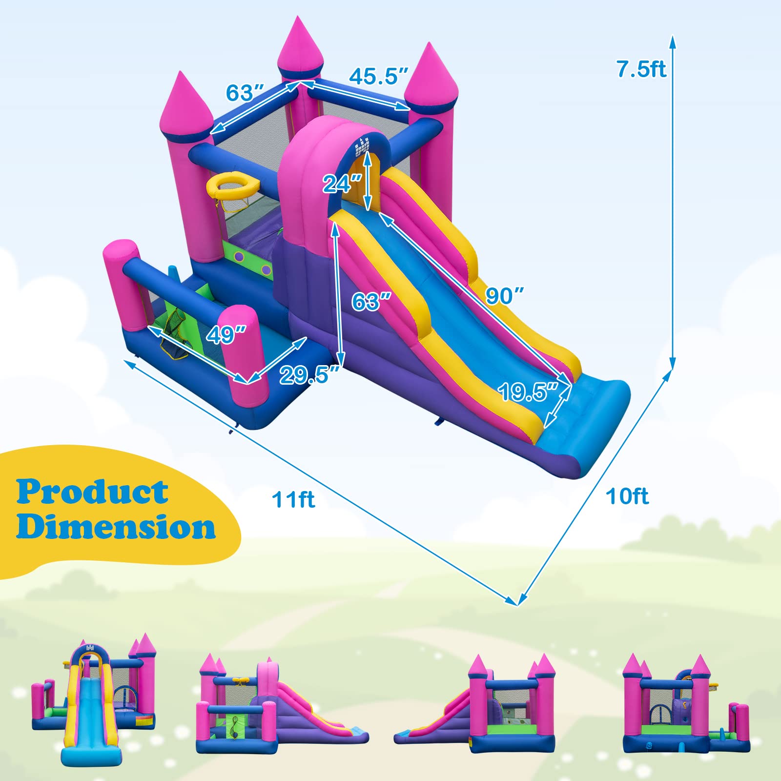 **GLACER Princess Inflatable Bounce House with Slide & Splash Pool – Kids Outdoor Jumping Castle for Backyard, Birthday Parties & Summer Fun – Includes Repair Kit, Ground Stakes & 735W Blower**