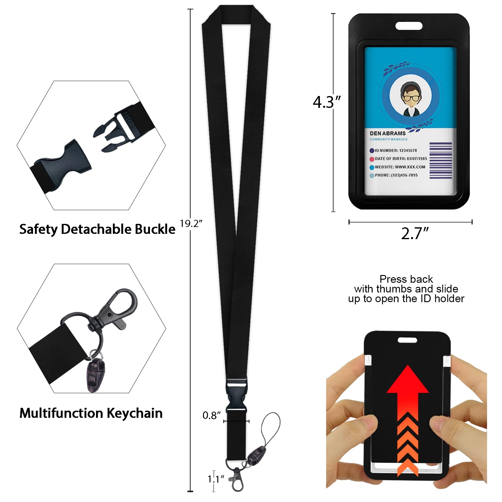 Black ID Badge Holder with Lanyard & Retractable Reel - Heavy Duty for Work Office