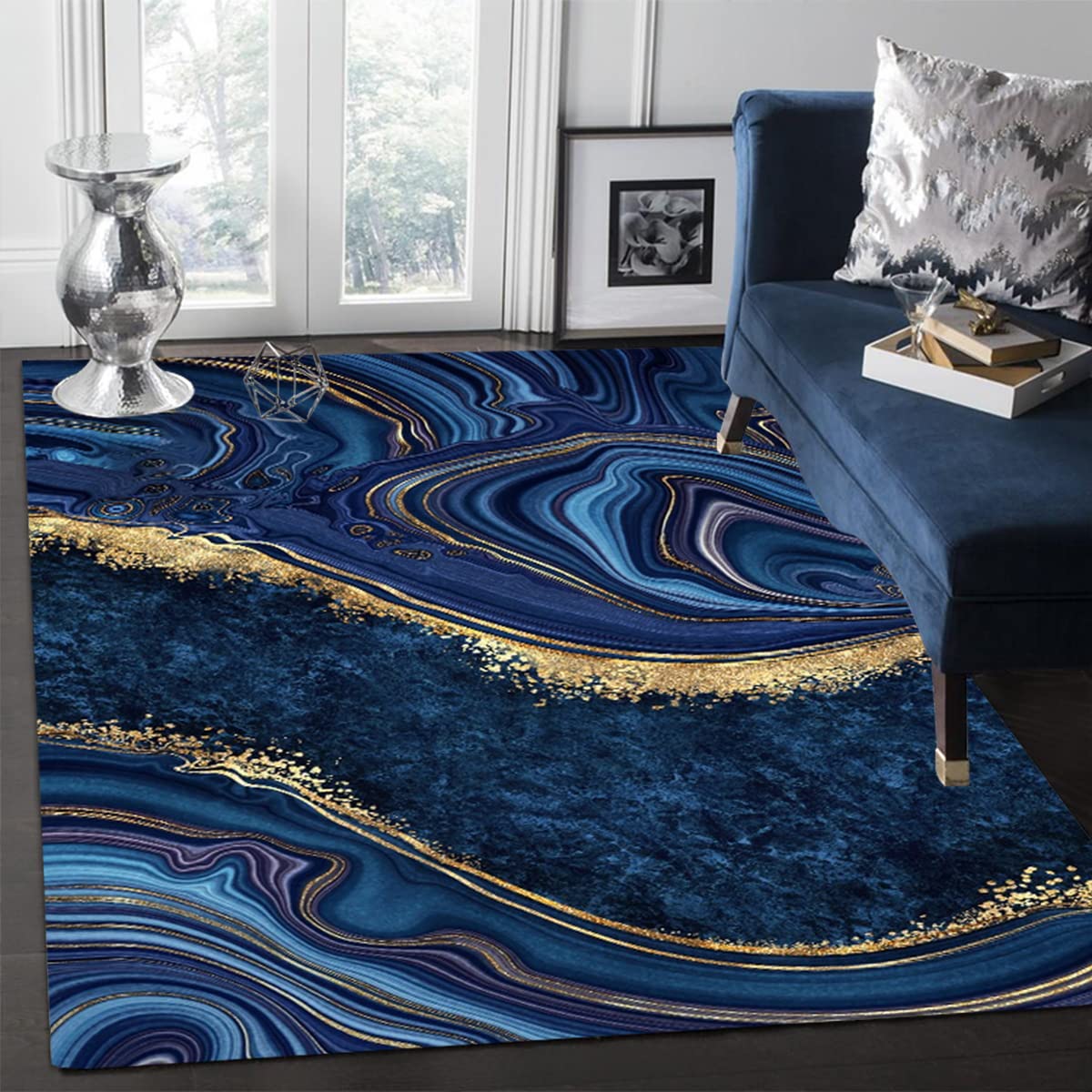 Navy Blue Gold Marble Striped Modern Abstract Area Rug 5x8ft - Soft Thick Luxurious Washable Rug for Living Room Bedroom - Perfect for Home Decor, Office & Dorm Room