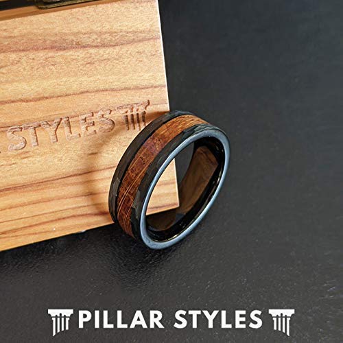 8mm Black Tungsten Whiskey Barrel Ring for Men - Hammered Wedding Band with Bourbon Wood Inlay, Comfort Fit Rustic Anniversary Gift - Perfect for Weddings, Engagements & Bourbon Lovers