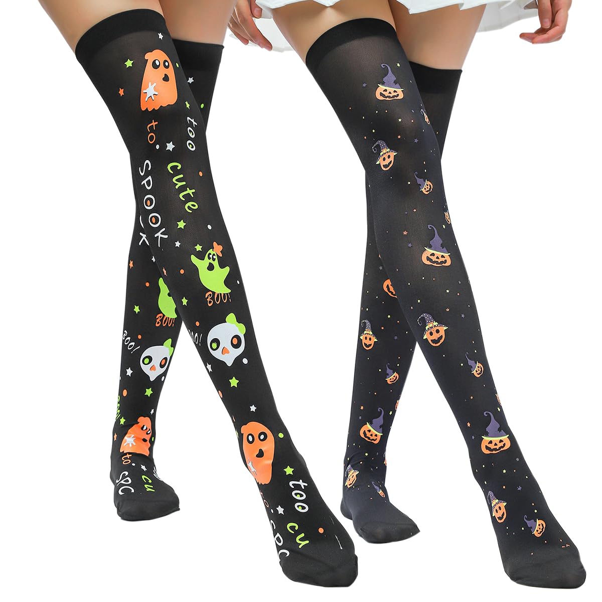 Halloween Pumpkin Ghost Black Thigh High Stockings - Women's Over Knee Socks with Web & Bat Designs for Cosplay, Costume Parties & Halloween Outfits (2 Pairs) - Perfect for Halloween Events, Cosplay Costumes & Themed Parties