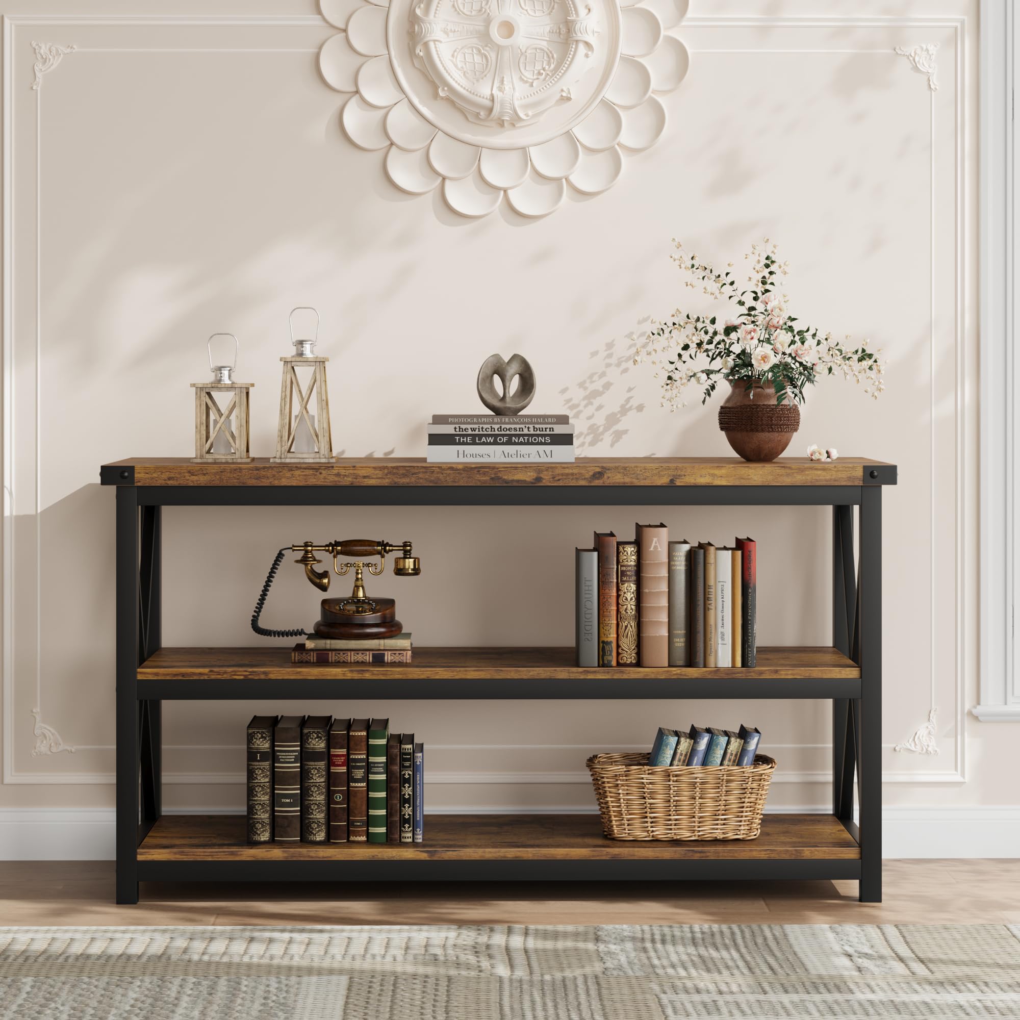 GARVEE 47.2 Inch 3-Tier Narrow Entryway Console Table with Storage Shelf | Industrial Style Wood & Metal Frame | Easy Assembly for Living Room, Hallway, Foyer & Small Spaces