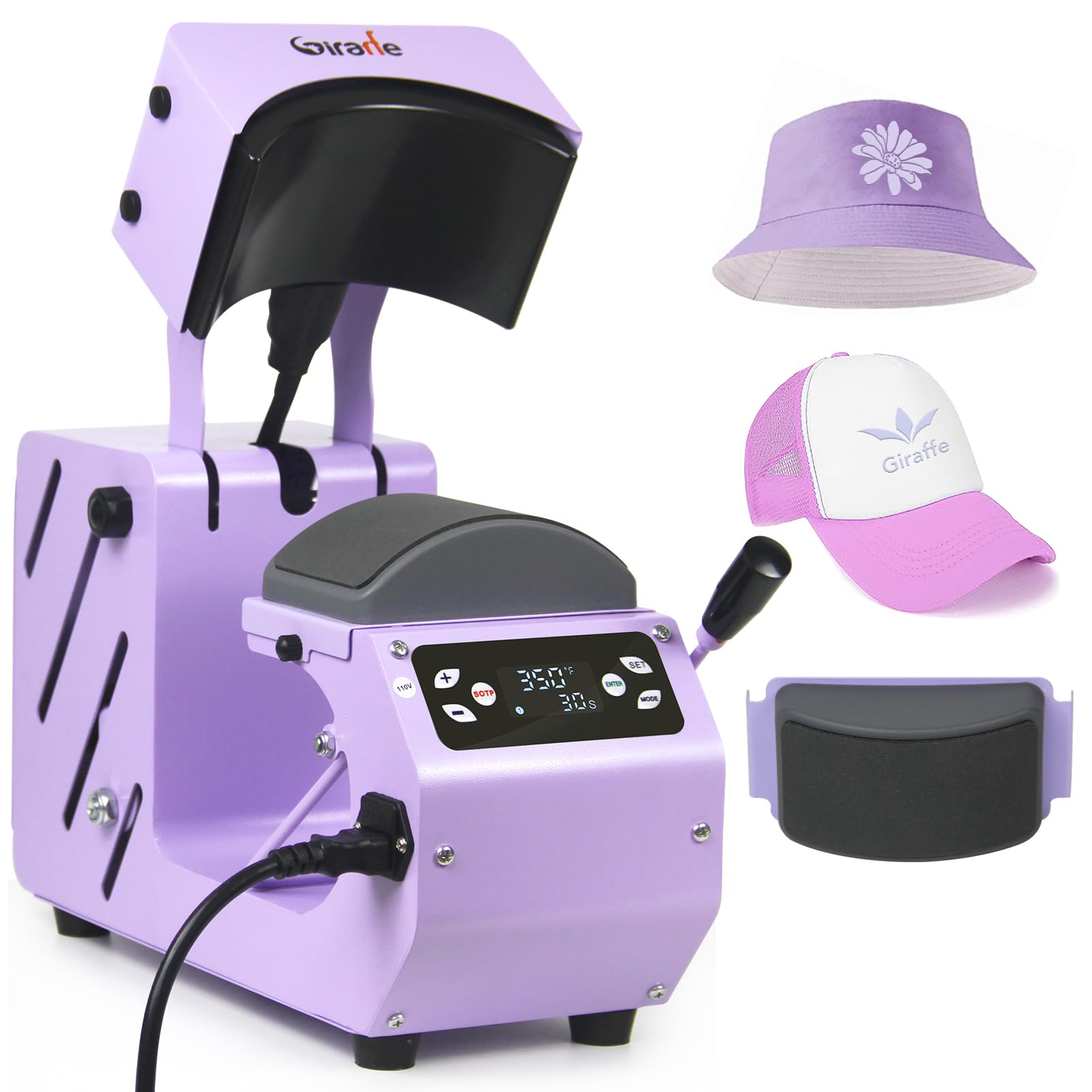 Giraffe Auto Hat Heat Press Machine for Caps, Hats, T-Shirts & Bags - Automatic Open/Release with Digital Control Panel - DIY Sublimation Printing for Custom Apparel & Promotional Products (Purple) - Perfect for Small Businesses, Crafters & Home Use