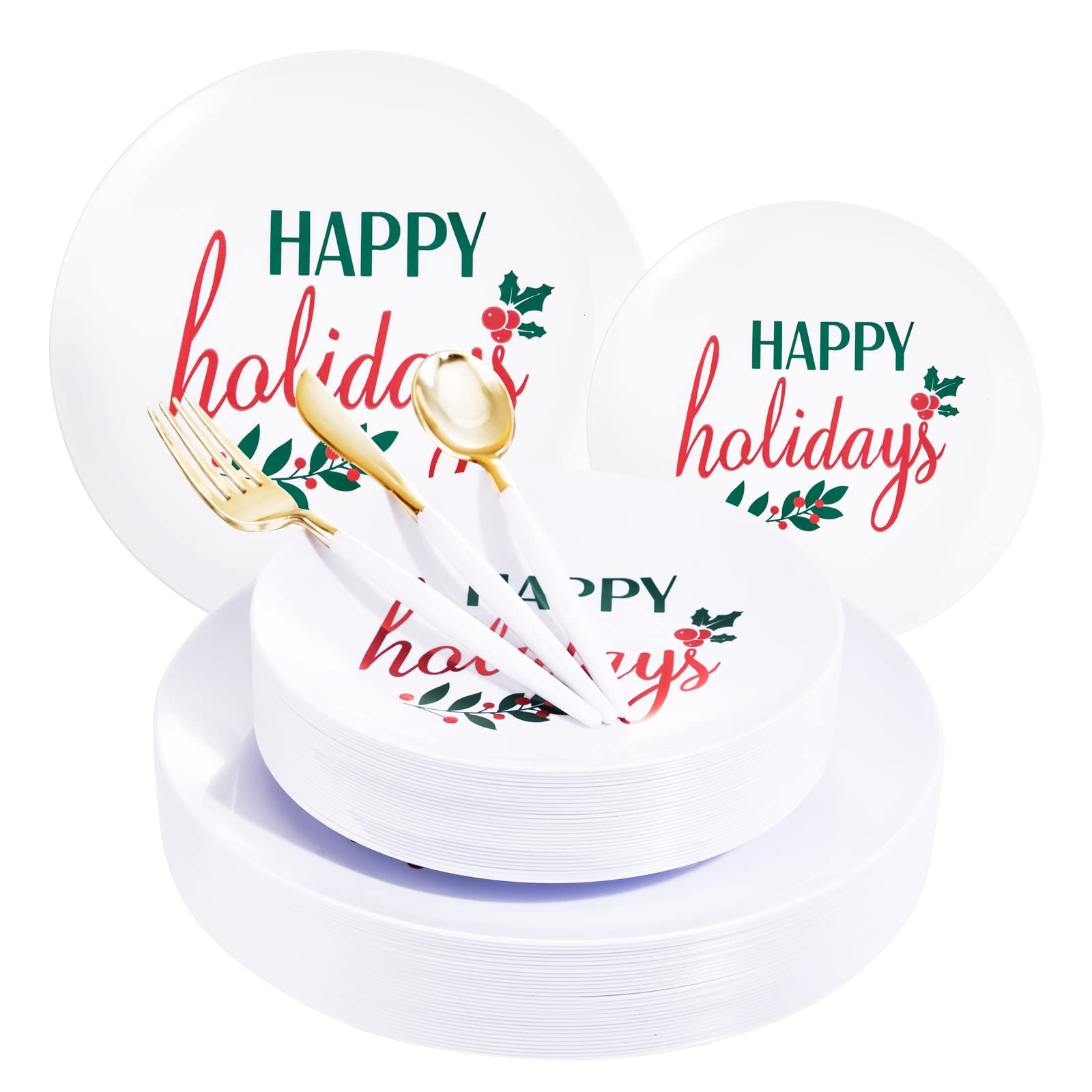 Supernal 150-Piece Easter Plastic Dinnerware Set - White & Gold Silverware, Disposable Party Plates with Happy Holiday Design - Perfect for Easter Celebrations, Holiday Gatherings & Festive Parties