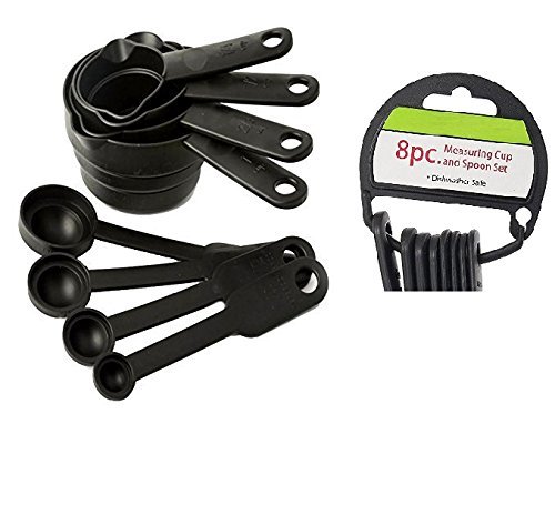 ACHARAJ 8-Piece Plastic Measuring Cups and Spoons Set - Black - Essential Kitchen Tools for Baking, Cooking & Meal Prep