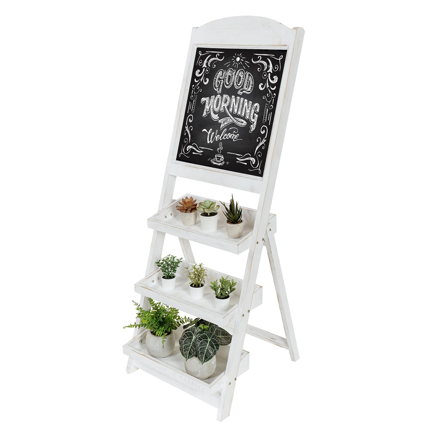 Vintage White Wood Freestanding Chalkboard Easel with 3-Tier Display Shelves - Decorative Chalkboard Plant Stand for Home, Office, or Classroom Decor | Perfect for Displaying Plants, Artwork, or Retail Merchandise