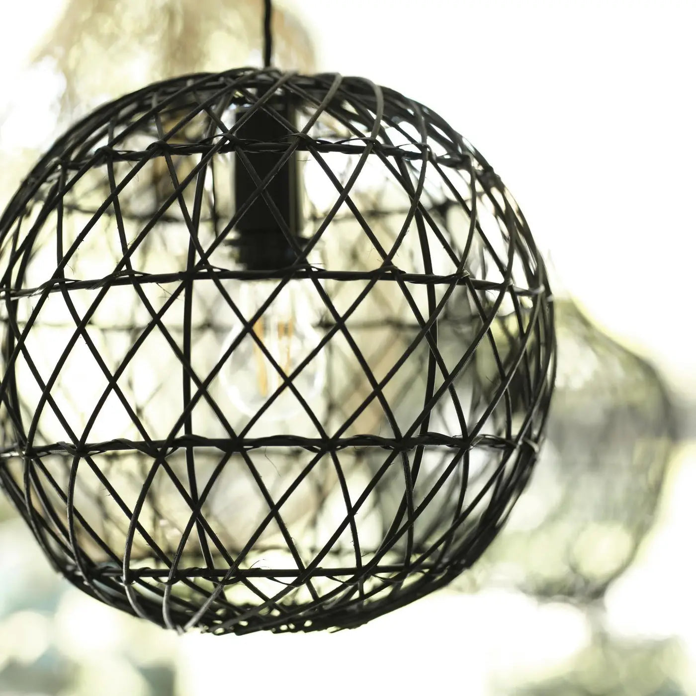 Coastal Rattan Ceiling Pendant Light Globe - Natural Woven Rattan Shade with Vintage Edison Bulb - Perfect for Boho Bedroom, Beach House, or Patio Lighting