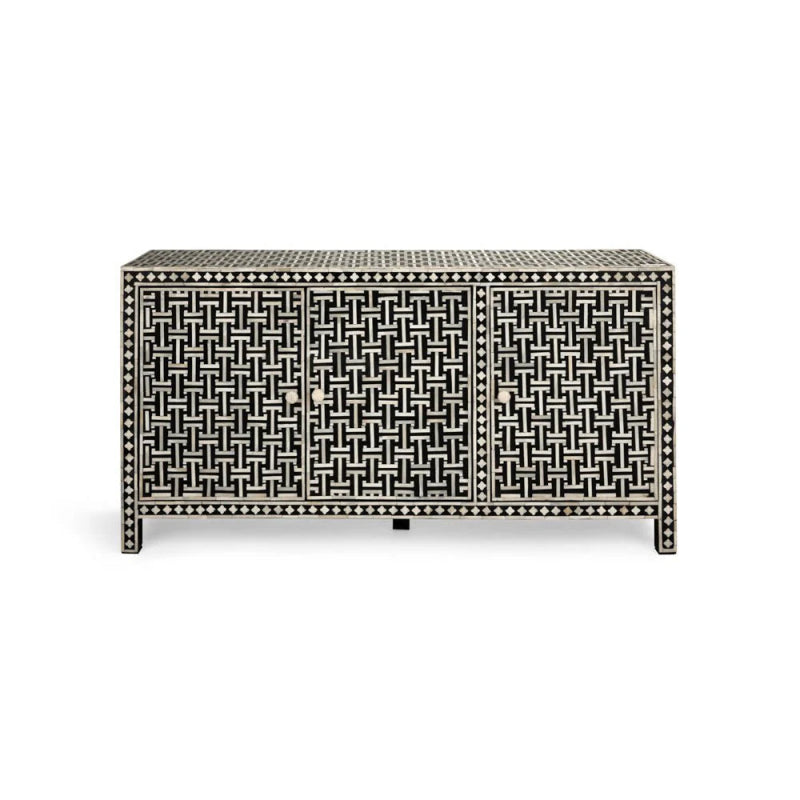 Handmade Bone Inlay 3-Door Sideboard Cabinet - Black & White Buffet Table for Dining Room Storage & Home Decor