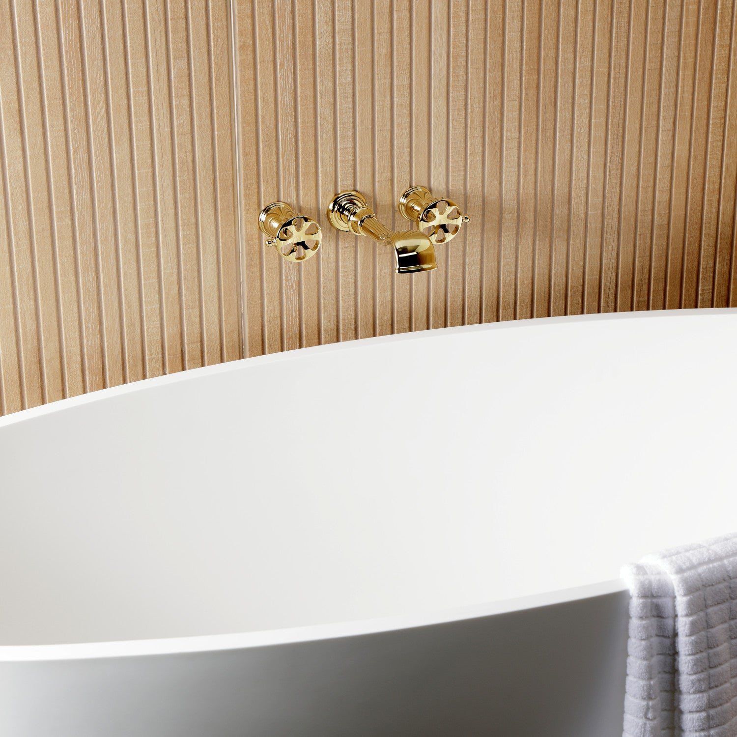 Belknap KS5022RX 3-Hole Wall Mount Roman Tub Faucet with Two Handles - Polished Brass Finish for Bathroom & Spa - Perfect for Freestanding Tubs, Luxury Bathrooms & Home Renovations