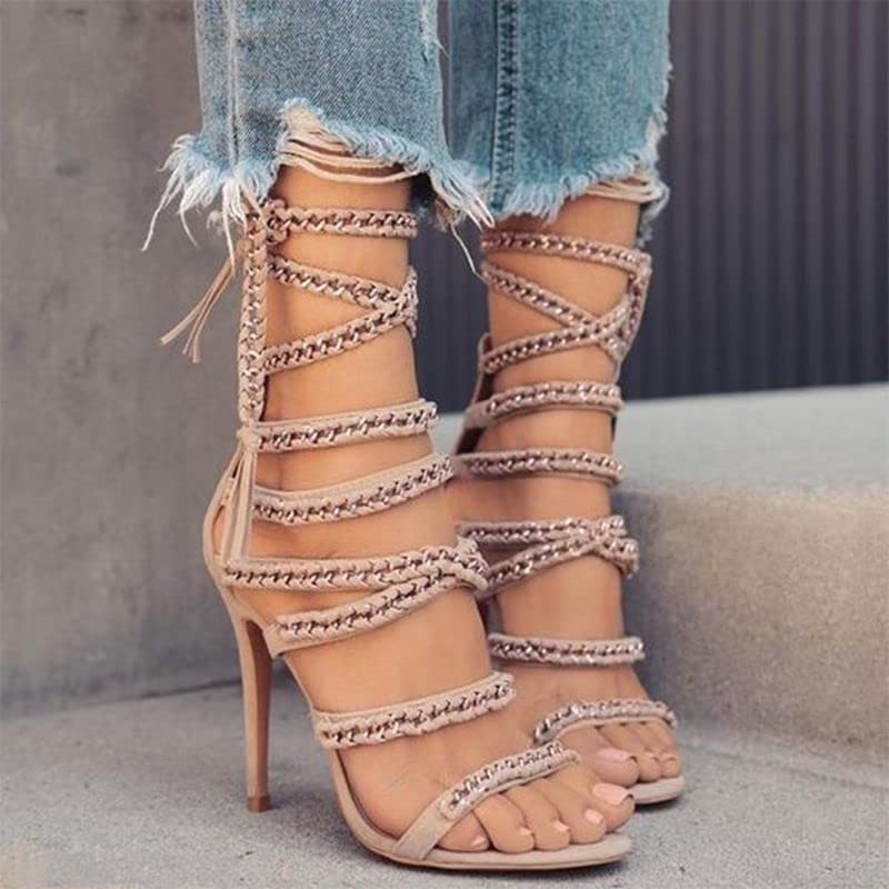 FurinFashion Women's Sexy RLH1 Rope Lace Up Heeled Sandals - Strappy Stiletto High Heels with Ankle Strap (Size 7, Camel) | Perfect for Night Out, Date Night, Party & Summer Fashion