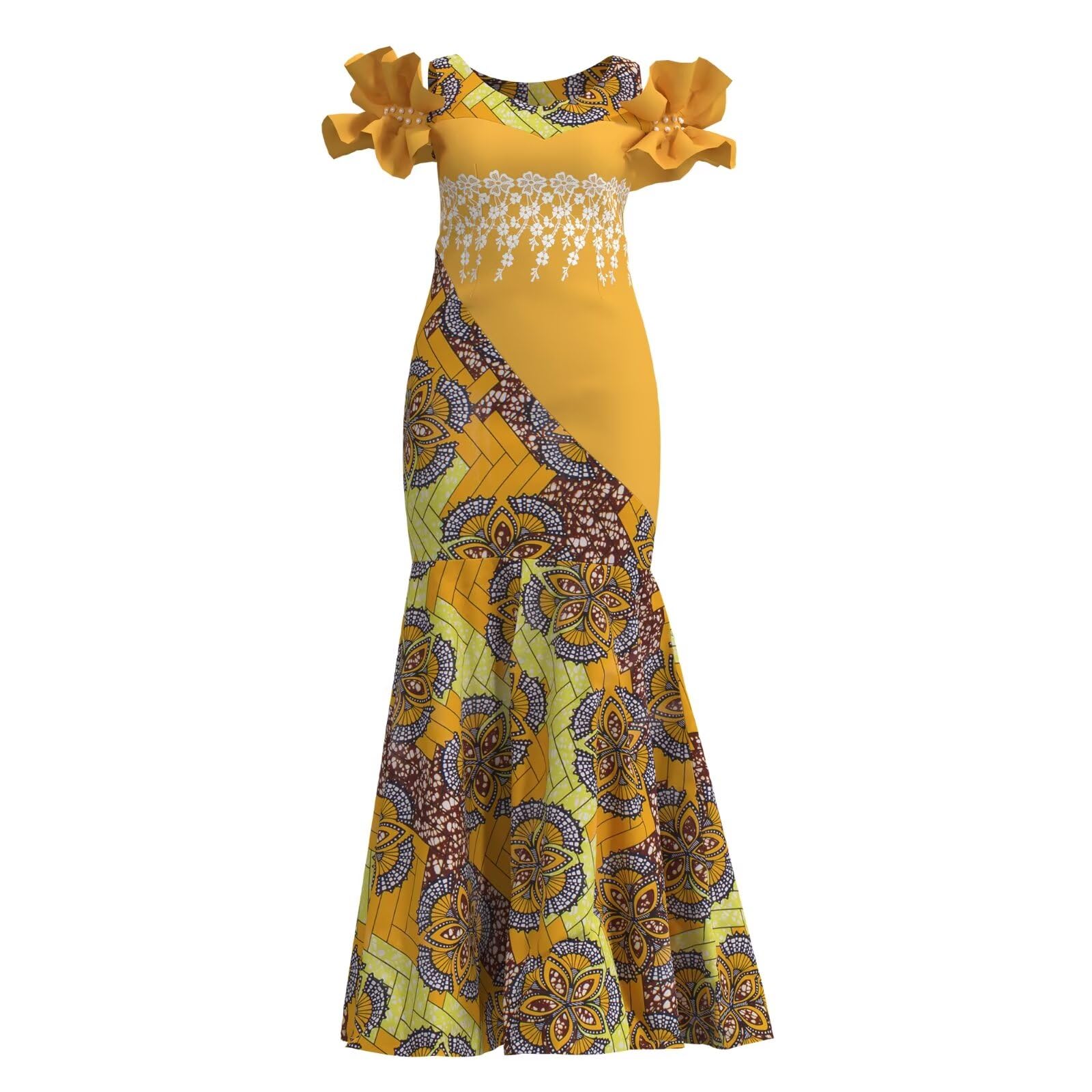 Elegant Ankara Maxi Mermaid Dress for Women - African Print Lace Decorated Gowns for Parties, Weddings & Special Occasions