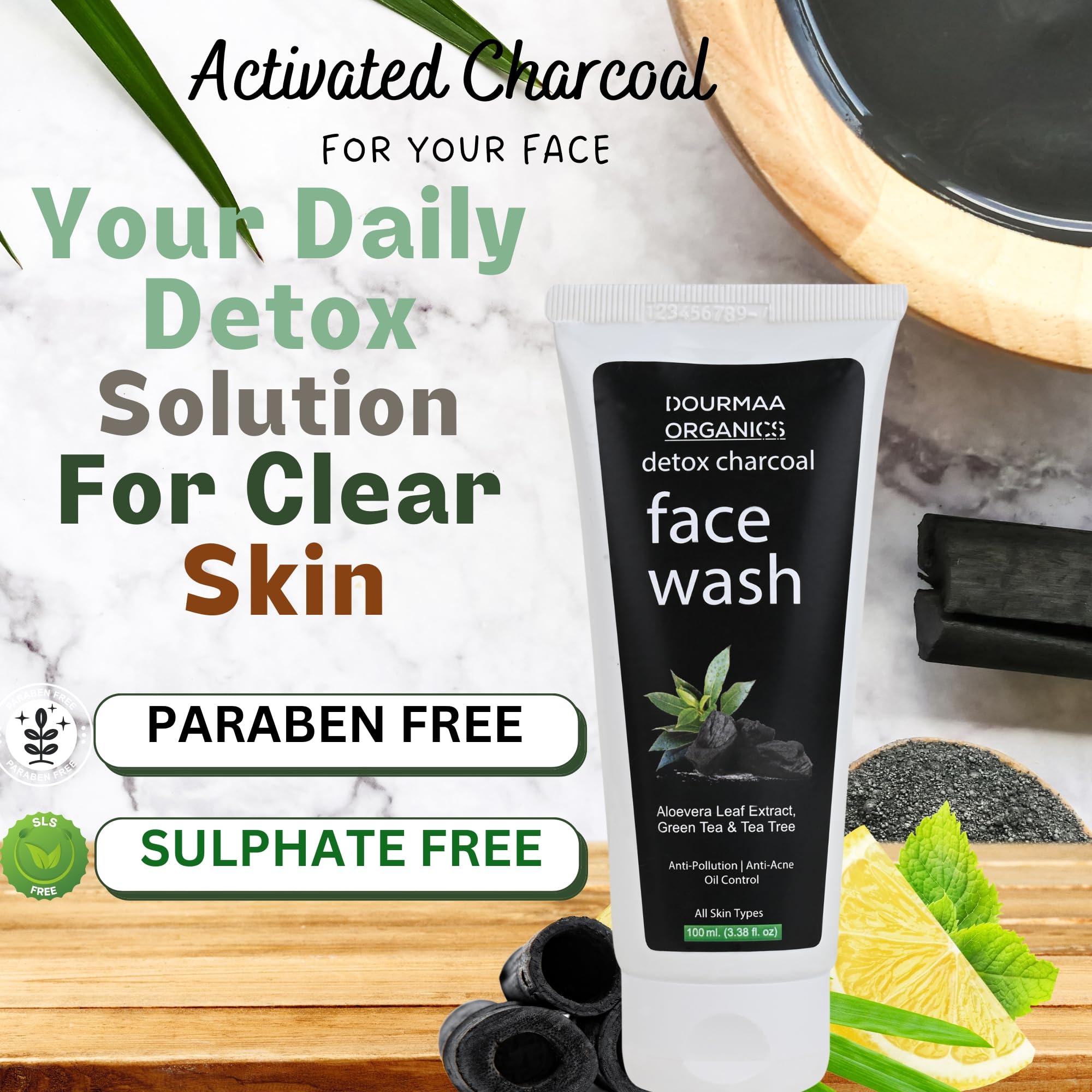 Dourmaa Organics Detox Activated Charcoal Face Wash with Vitamin C, Green Tea & Tea Tree - Anti Acne, Oil Control & Pollution Protection - Aloe Vera Extract - Unisex 100ml (Pack of 1) - Perfect for Daily Skincare Routine & Deep Cleansing