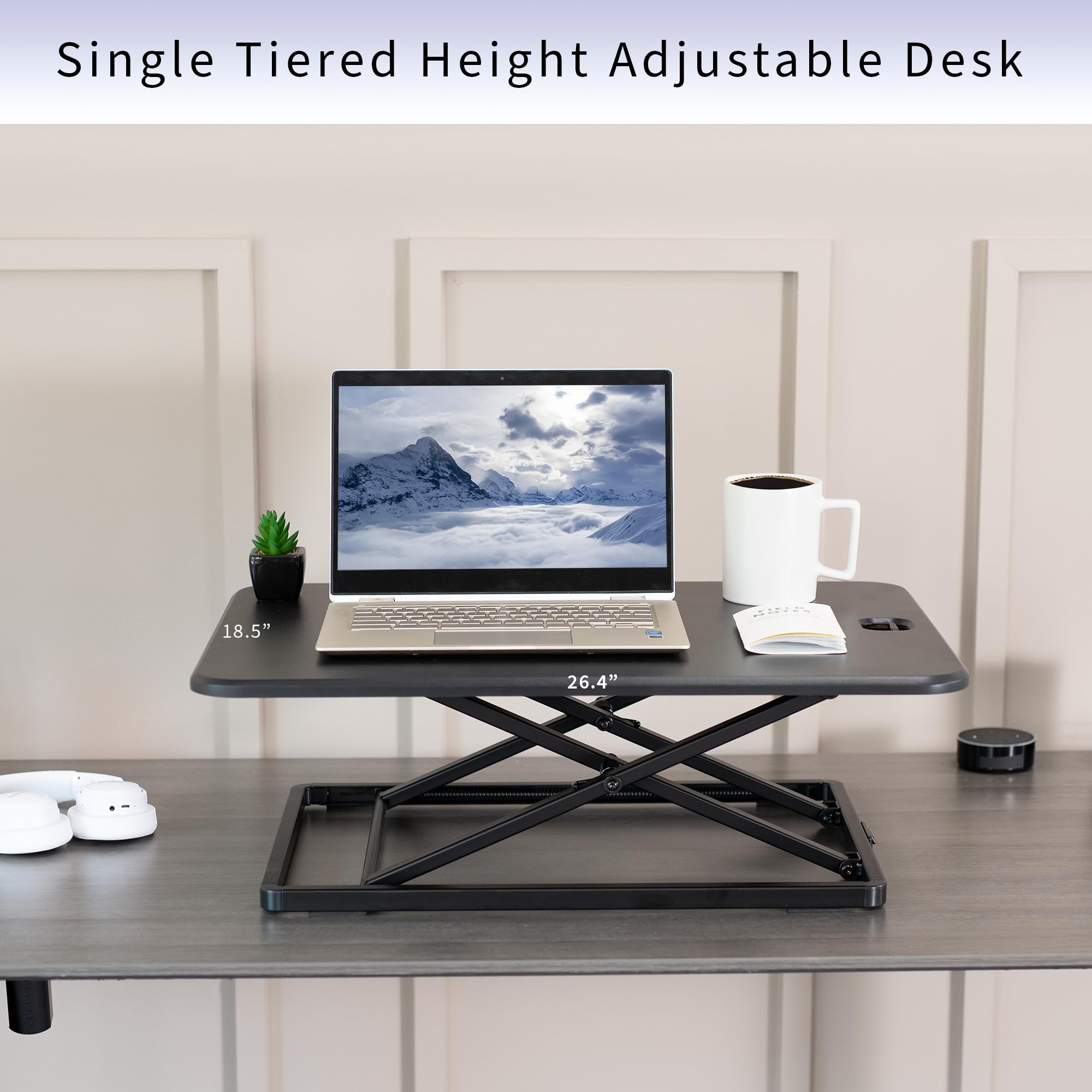VIVO Ultra-Slim Single Monitor Stand Up Desk Riser - Height Adjustable Sit to Stand Workstation Converter for Laptop or Computer - Compact Black Desktop Riser (DESK-V001J) - Perfect for Home Office, Gaming Setup & Ergonomic Workspace